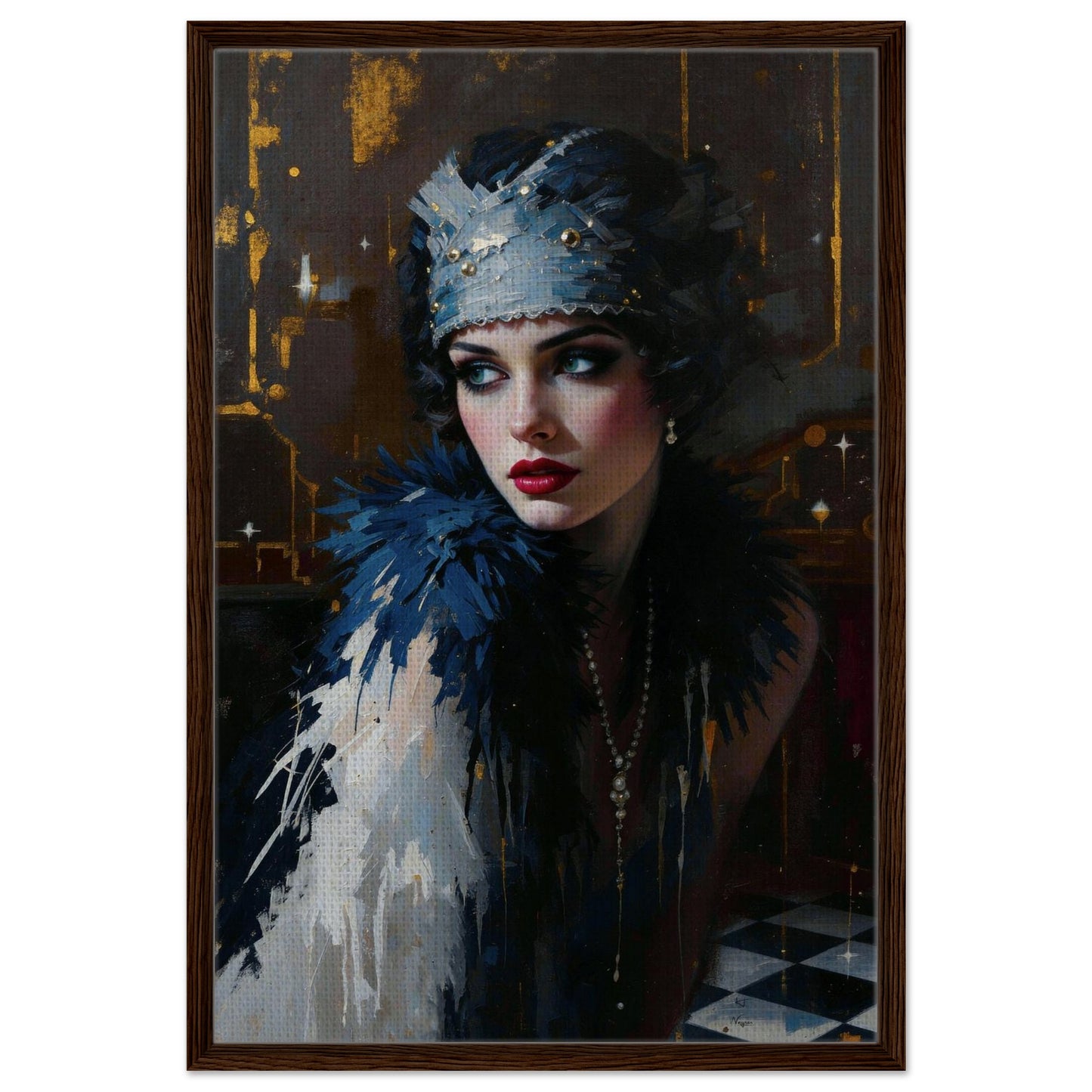 1920s Gatsby Flapper Painting Art Print - Speakeasy Prohibition Wall Decor 24x36″ Framed Canvas - Dark Brown Wood