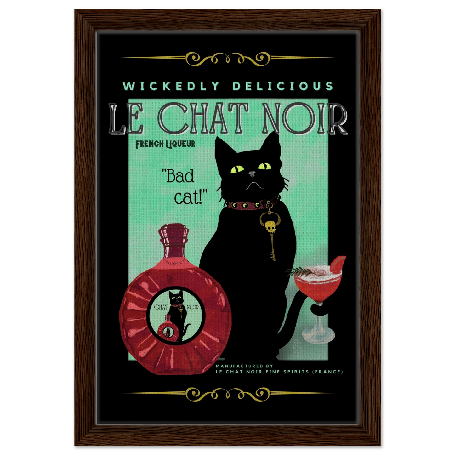 Black Cat Cocktail French Art Deco Print 30x45 cm 12x18″ Framed Canvas Dark Brown Wood Frame