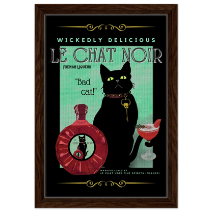 Black Cat Cocktail French Art Deco Print 30x45 cm 12x18″ Framed Canvas Dark Brown Wood Frame