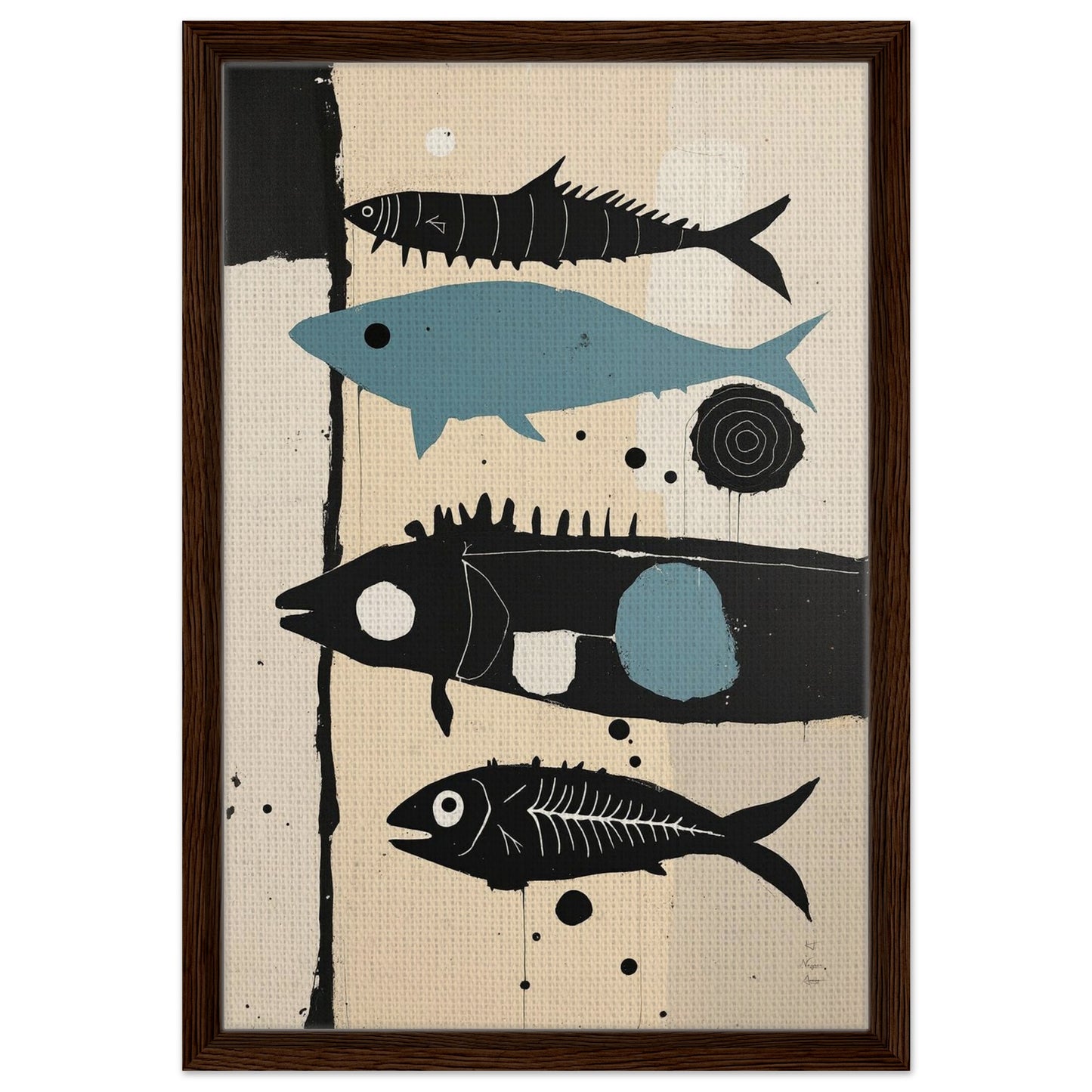 Mid-Century Modern Fish Art Poster Print – Framed Abstract Neutral Wall Decor Dark Brown Wood Frame 40x60 cm 16x24″ Framed Canvas