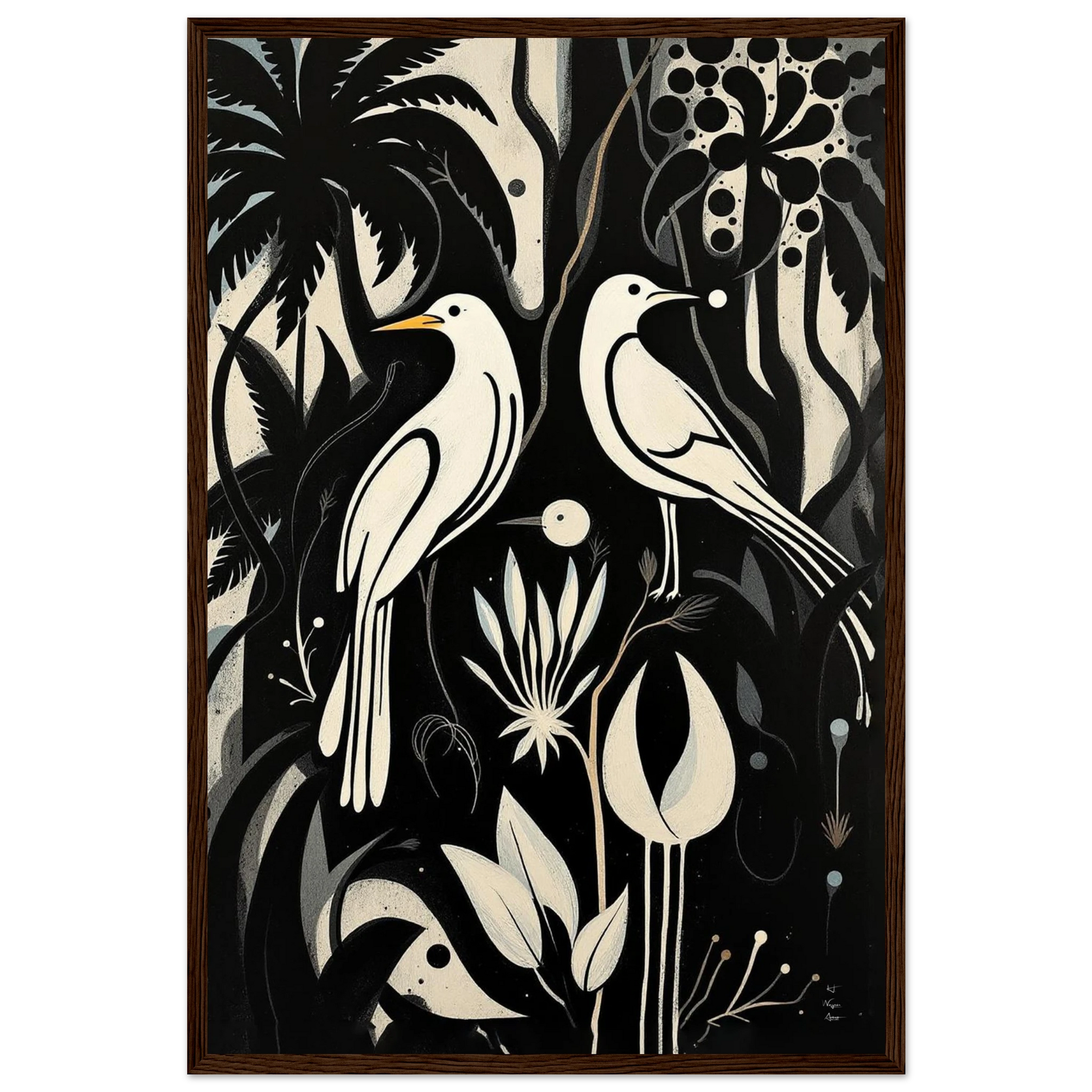 Black & White Minimalist Bird Art Print Dark Brown Wood Frame 40x60 cm 16x24″ Premium Matte Paper Wooden Framed Poster