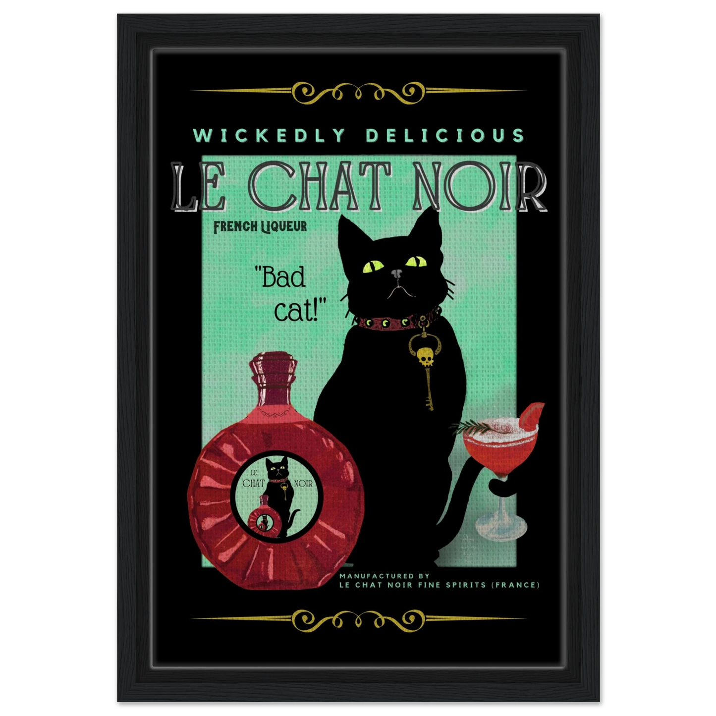 Black Cat Cocktail French Art Deco Print 30x45 cm 12x18″ Framed Canvas Black Wood frame