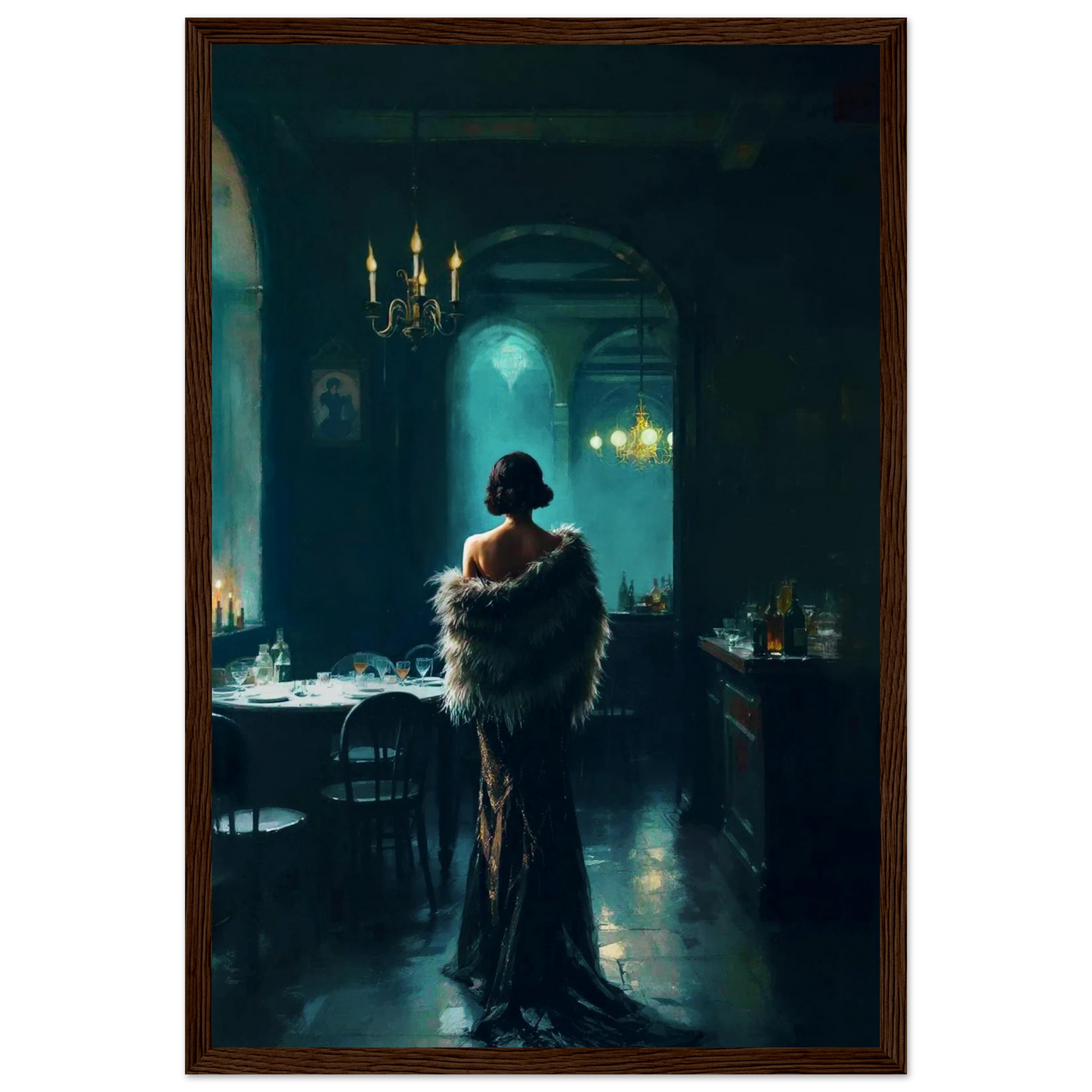 Moody Speakeasy Flapper Bar Art Print Dark Brown Wood Frame 30x45 cm 12x18″ Museum-Quality Matte Framed Poster