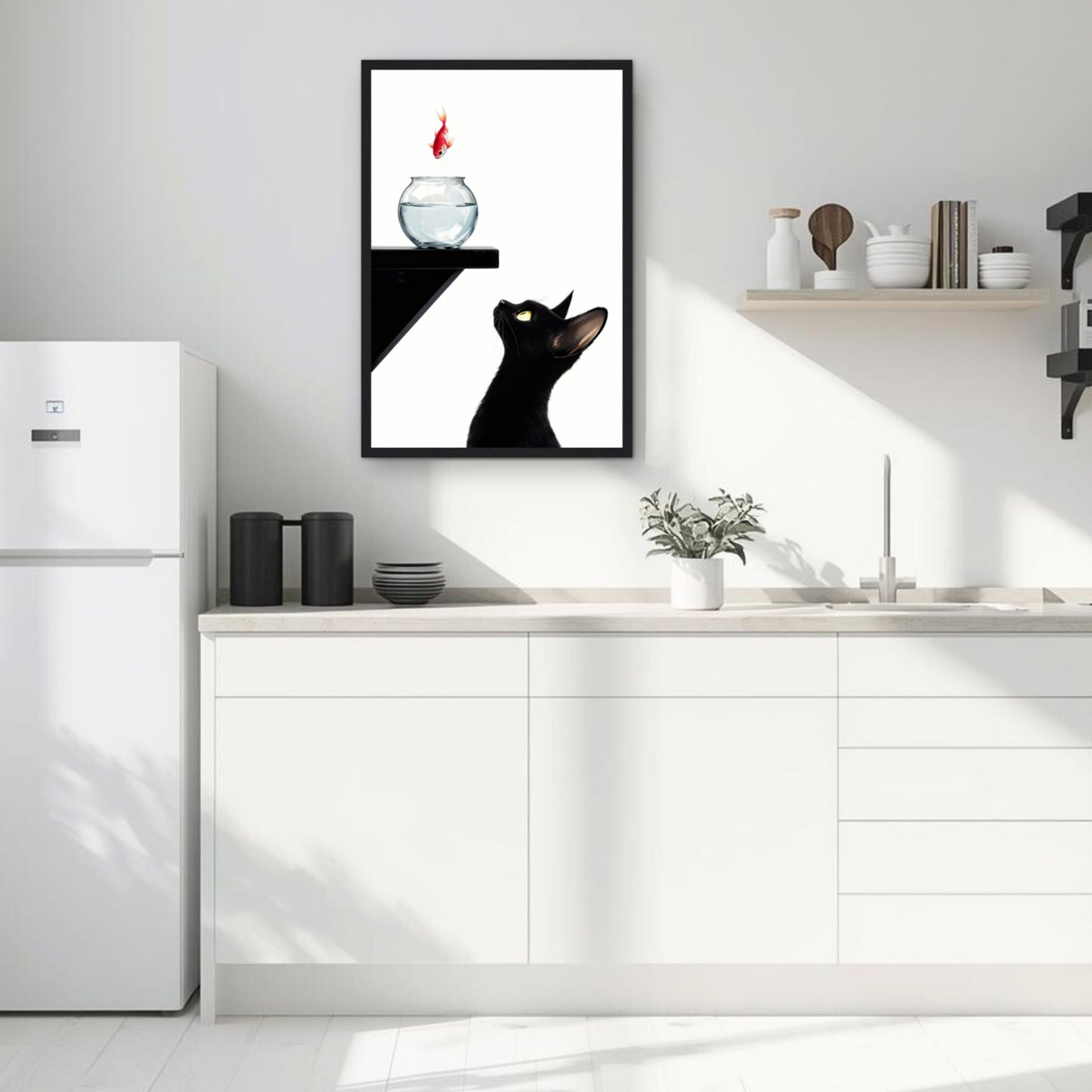 Curious Black Cat Goldfish Minimalist Art Print