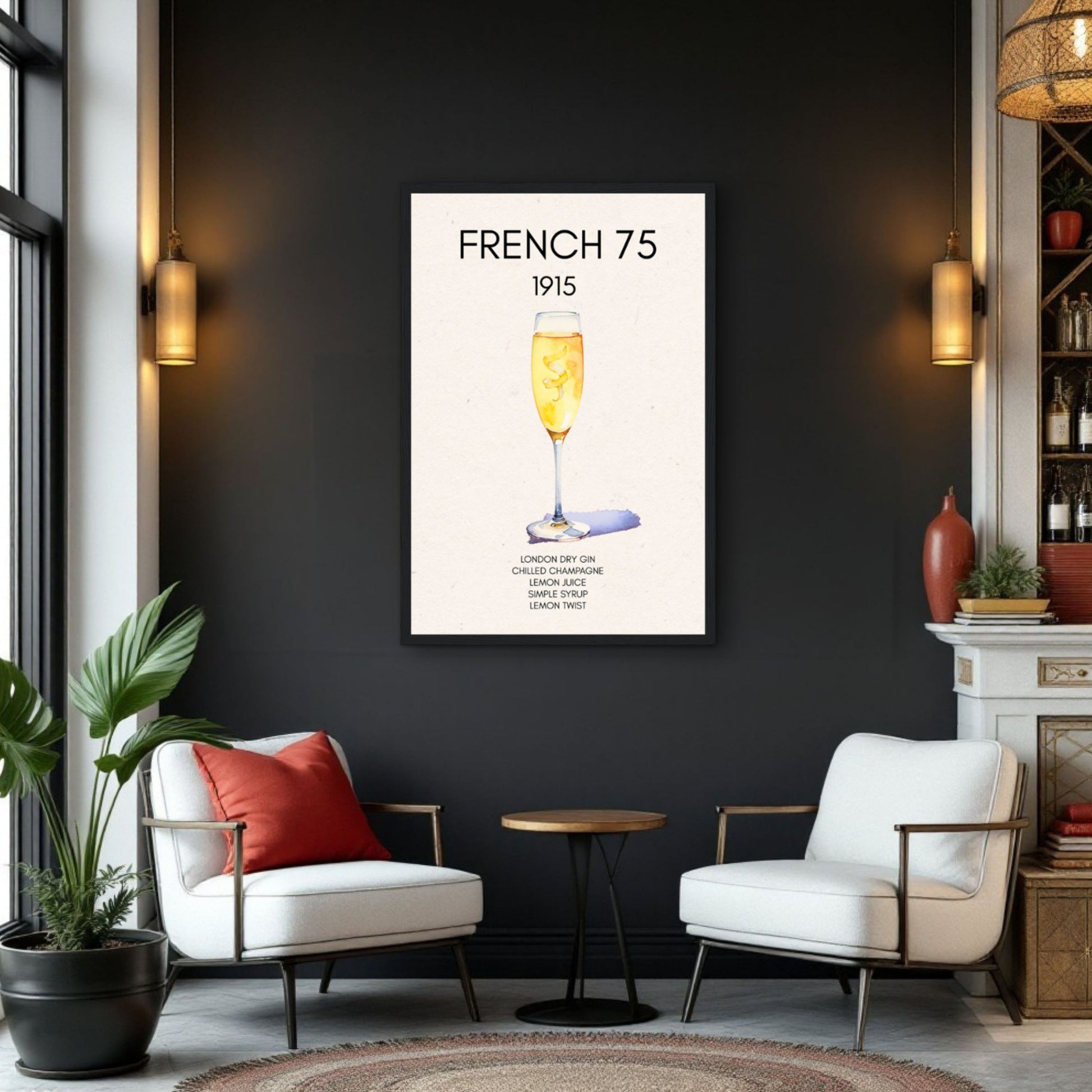 French 75 Cocktail Art Print Dark Brown Wood Frame 60x90 cm 24x36″ Framed Canvas