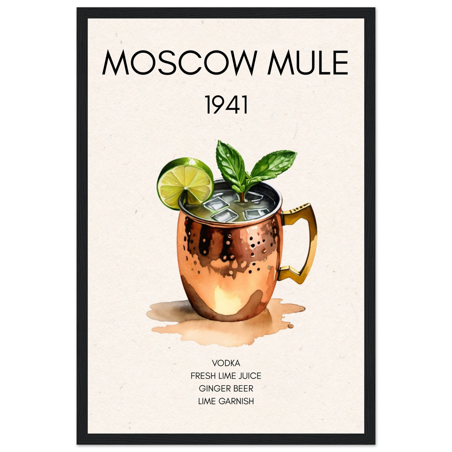 Moscow Mule Cocktail Bar Poster Print Black Wood Frame 30x45 cm 12x18″ Classic Matte Paper Wooden Framed Poster