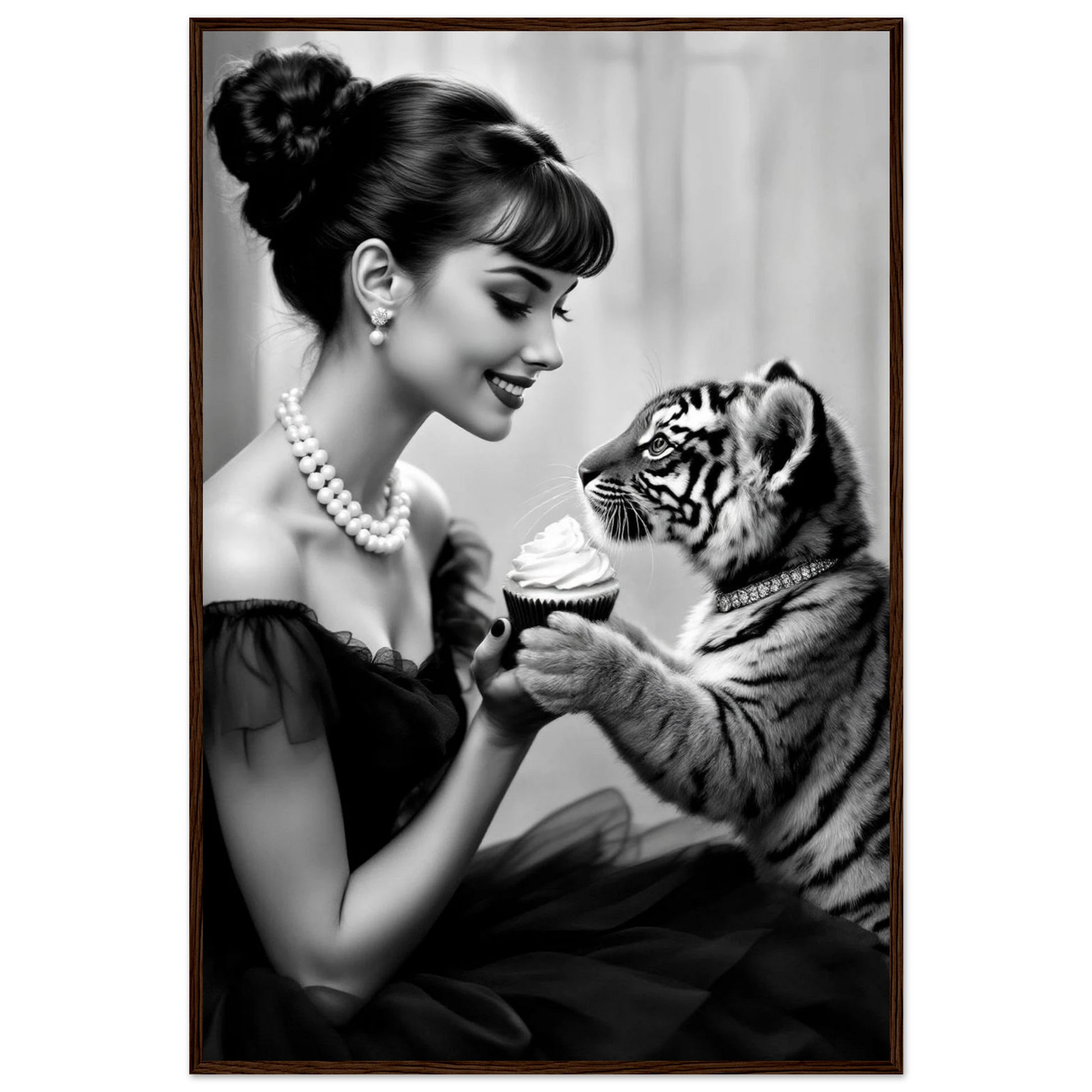 Audrey Hepburn Tiger Cub Art Print Dark Brown Wood Frame 60x90 cm 24x36″ Classic Matte Paper Wooden Framed Poster
