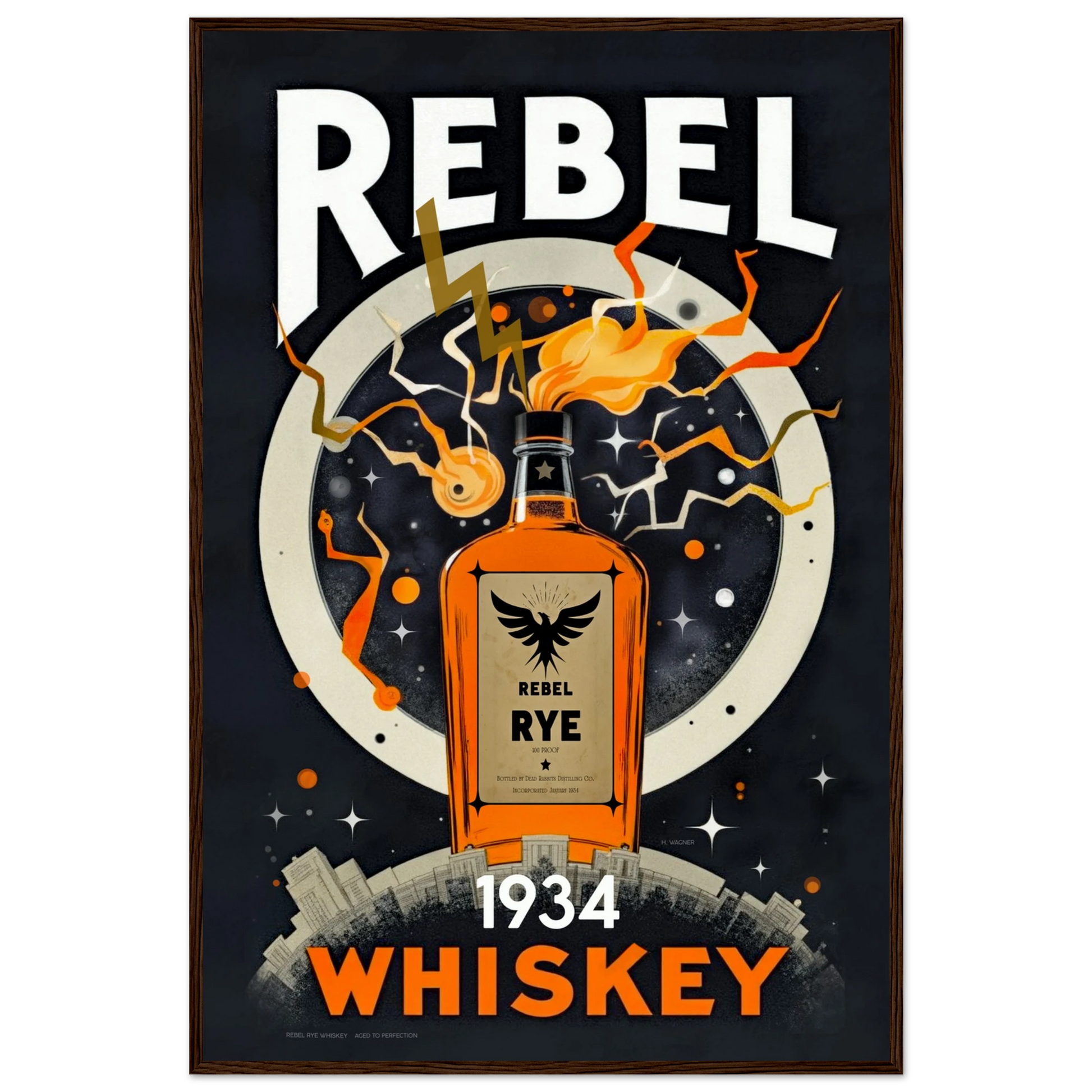 Rebel Whiskey Cocktail Bar Poster Print Dark wood frame 60x90 cm 24x36″ Premium Matte Paper Wooden Framed Poster