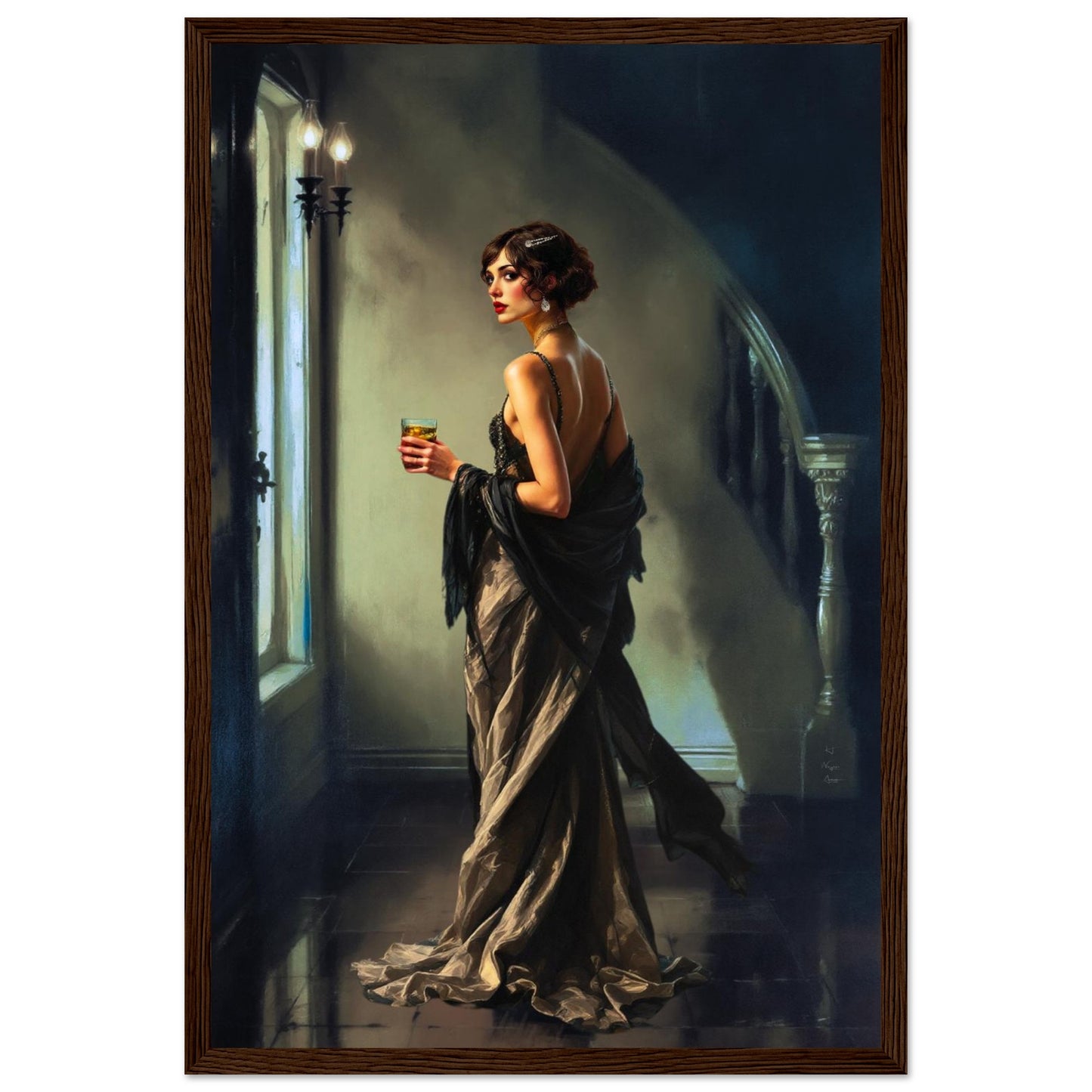 Art Deco Flapper Speakeasy Fine Art Print Dark Brown Wood Frame 30x45 cm 12x18″ Premium Matte Framed Poster