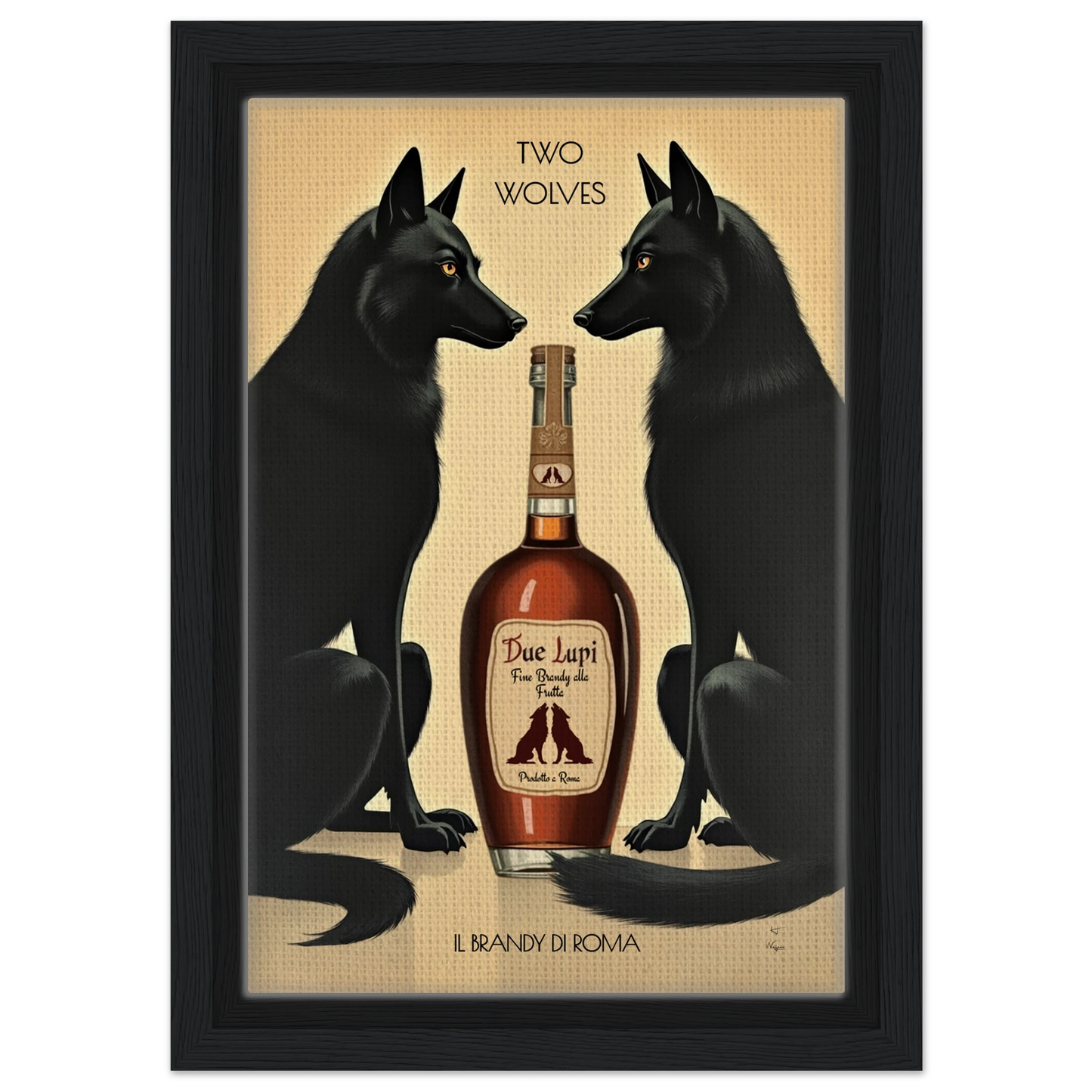 Two Wolves Italian Cocktail Bar Art Print 20x30 cm 8x12″ Framed Canvas Black Wood Frame