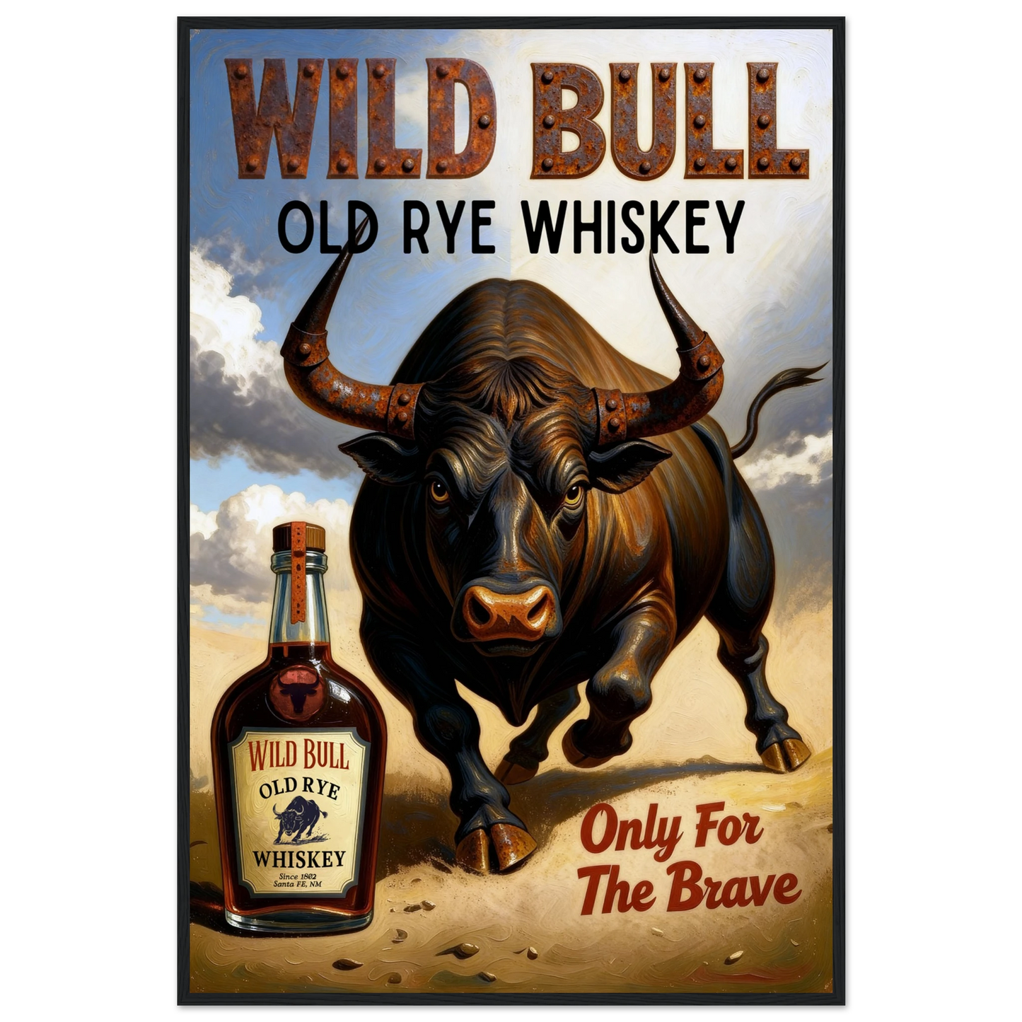 Wild Bull Old West Rye Whiskey Poster Print 60x90 cm 24x36″ Premium Matte Framed Poster Black Wood Frame