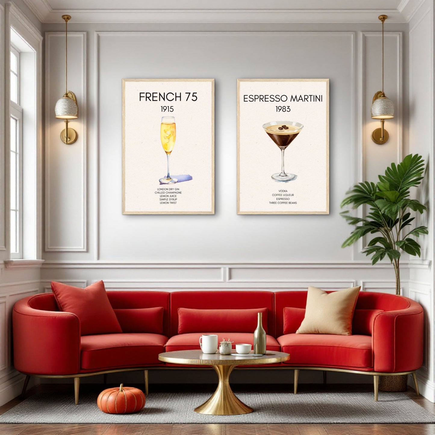 French 75 Cocktail Art Print Dark Brown Wood Frame 60x90 cm 24x36″ Framed Canvas