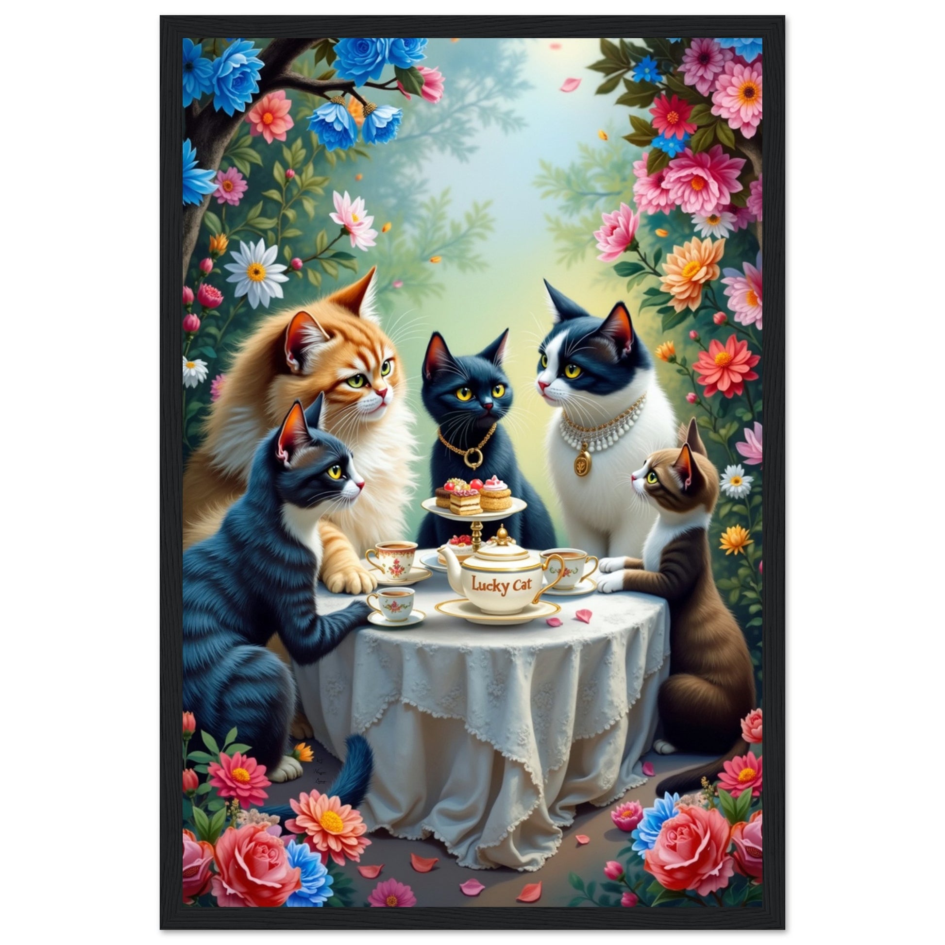 Lucky Cat Garden Tea Party Kitchen Art Print No Frame 40x60 cm 16x24″ Premium Matte Paper Poster