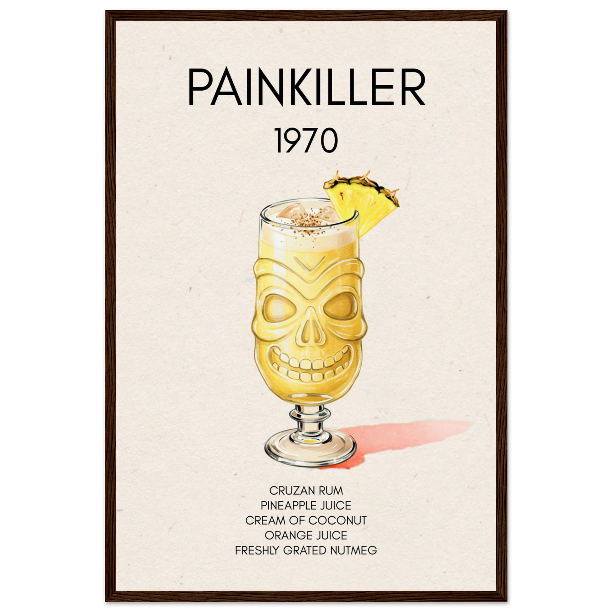 Painkiller Cocktail Bar Art Tiki Print Dark Brown Wood Frame 40x60 cm 16x24″ Museum-Quality Matte Paper Wooden Framed Poster