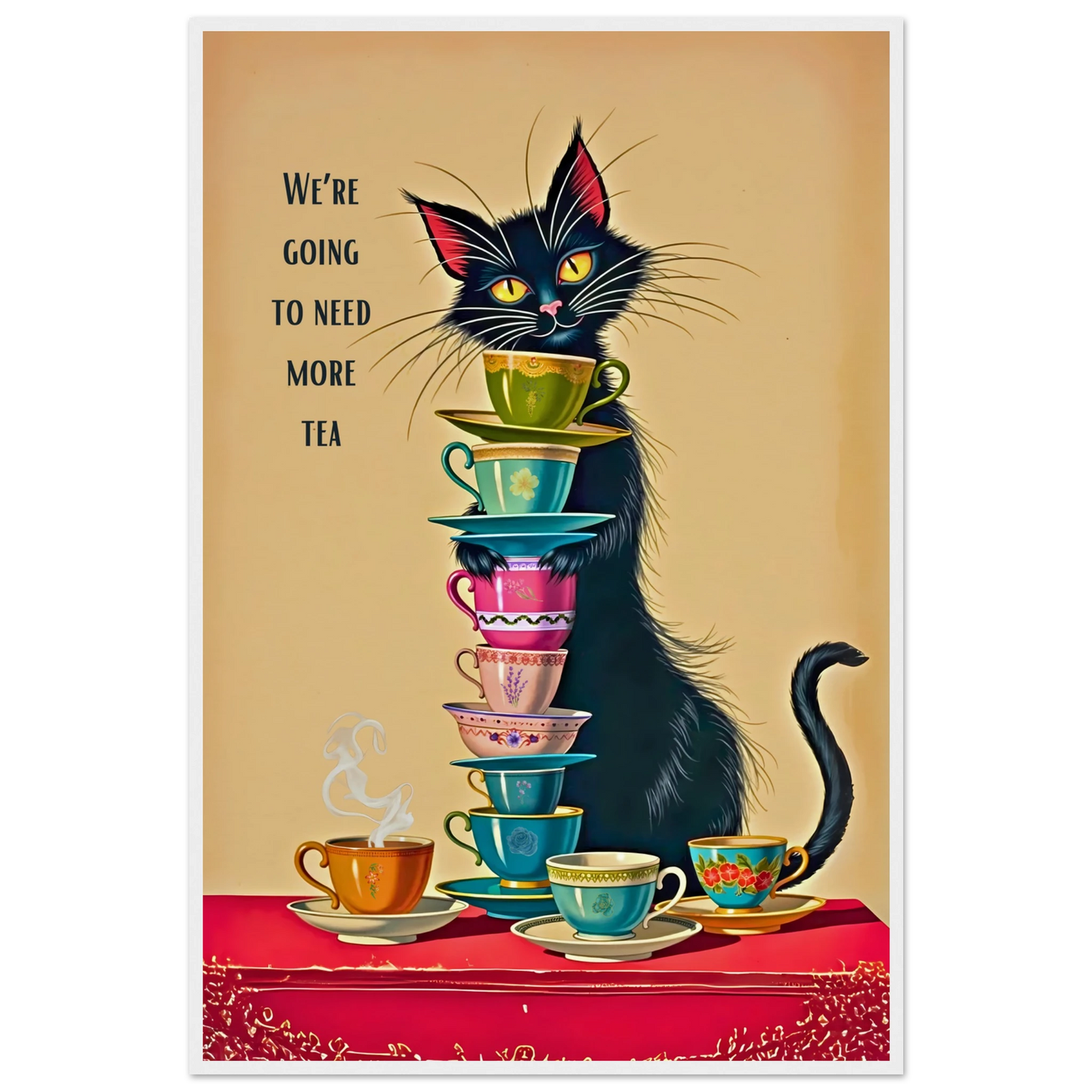 Quirky Cat Funny Tea Art Print 60x90 cm 24x36″ Museum-Quality Matte Paper Wooden Framed Poster White Wood Frame