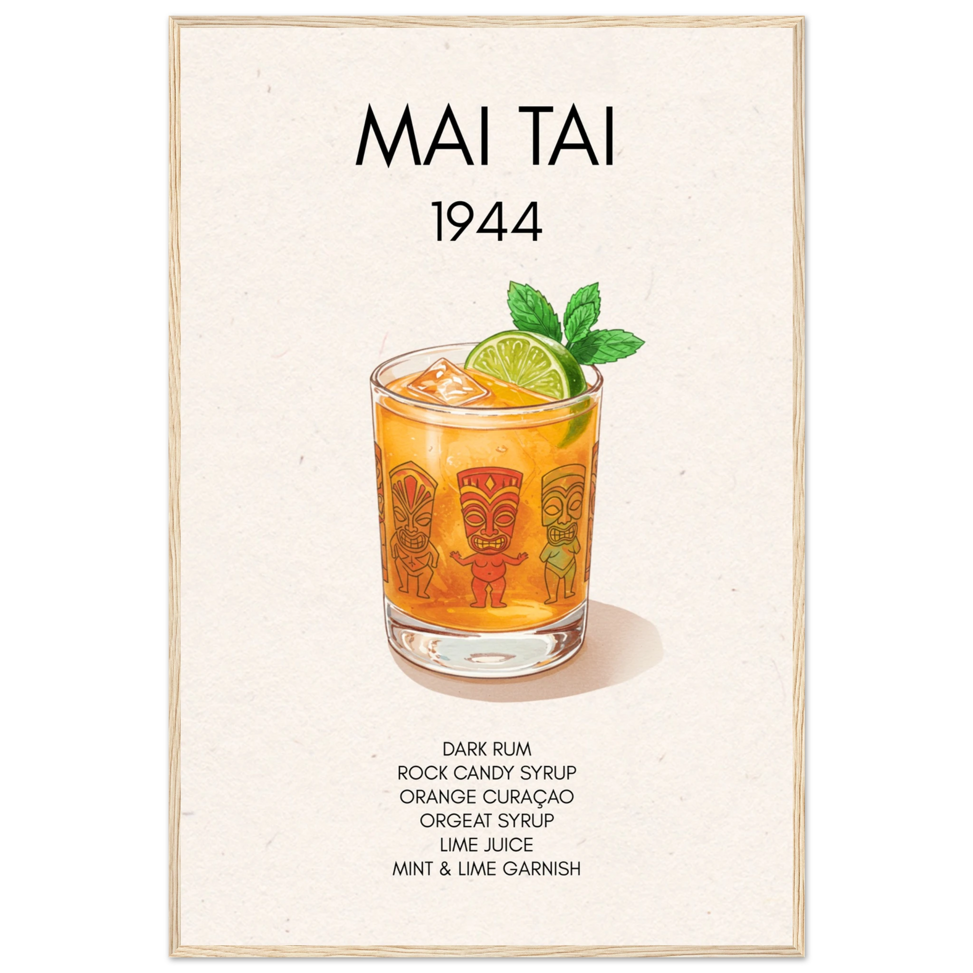 Mai Tai Tropical Cocktail Bar Poster Print Light Wood Frame 60x90 cm 24x36″ Classic Matte Paper Wooden Framed Poster