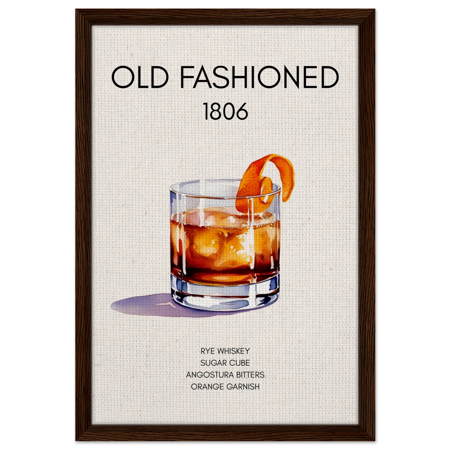 Classic Old Fashioned Cocktail Bar Poster Print Dark Brown Wood Frame 40x60 cm 16x24″ Framed Canvas
