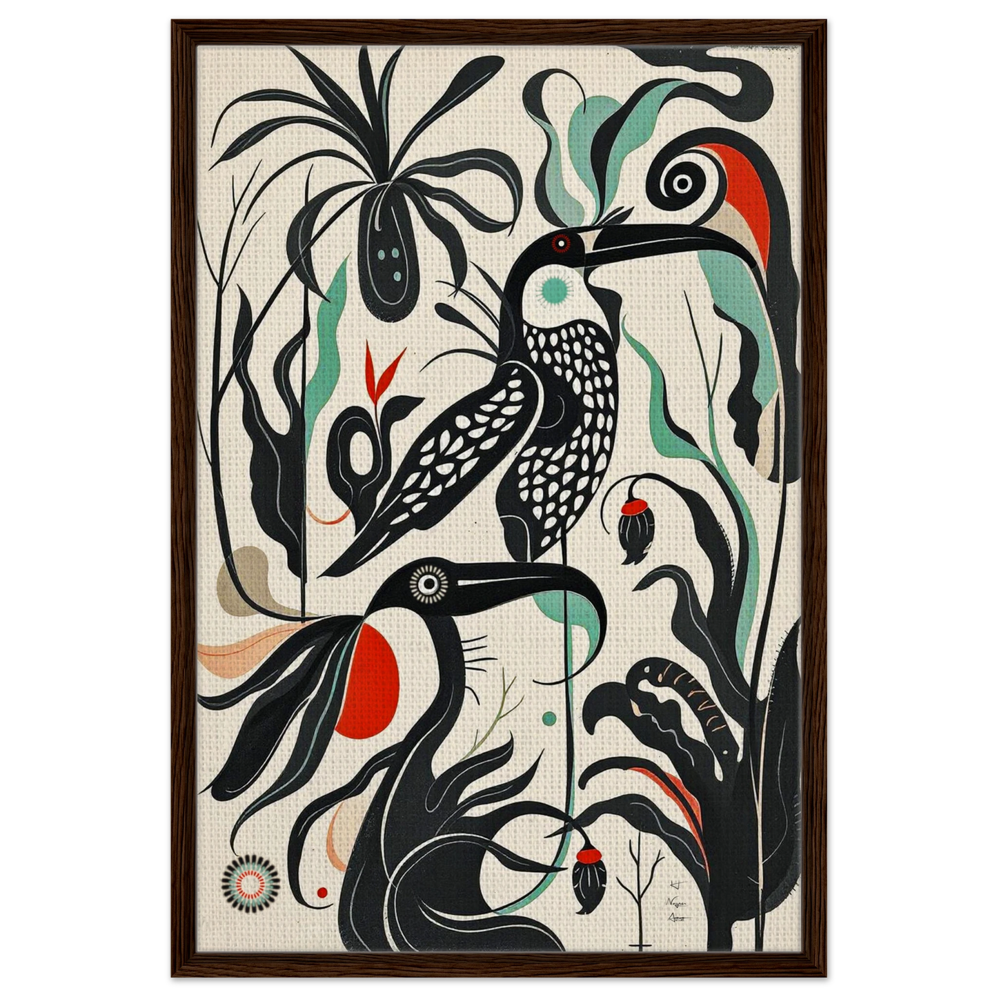 Mid-Century Modern Tropical Bird Art Print Dark Brown Wood Frame 60x90 cm 24x36″ Framed Canvas