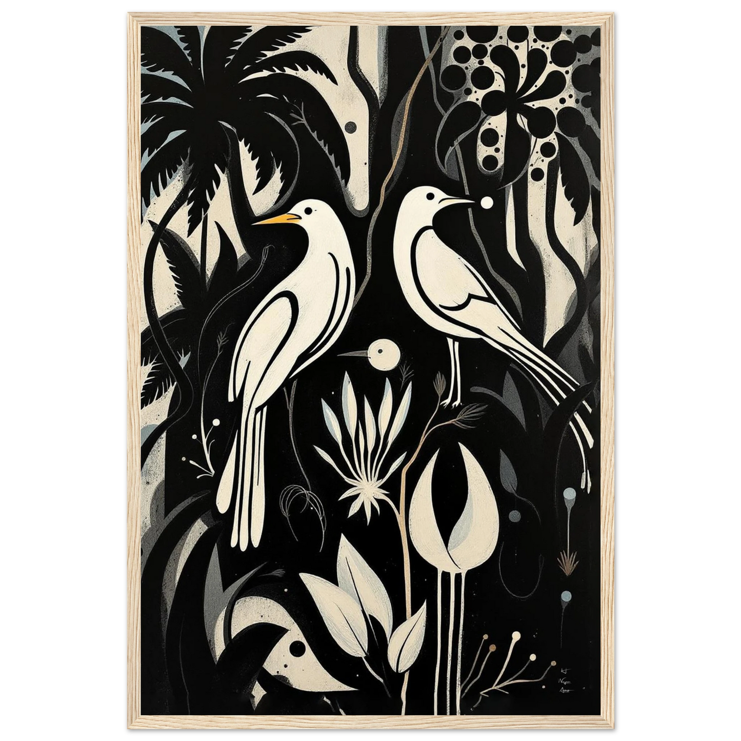 Black & White Minimalist Bird Art Print Light Wood Frame 40x60 cm 16x24″ Premium Matte Paper Wooden Framed Poster