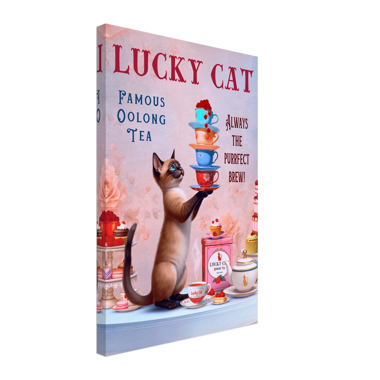 Siamese Lucky Cat Vintage Tea Art Print 40x60 cm 16x24″ Gallery Wrapped Canvas No Frame