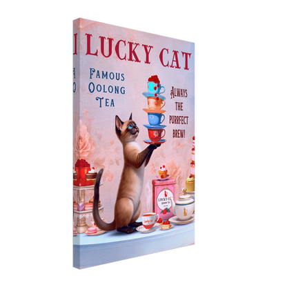 Siamese Lucky Cat Vintage Tea Art Print 40x60 cm 16x24″ Gallery Wrapped Canvas No Frame