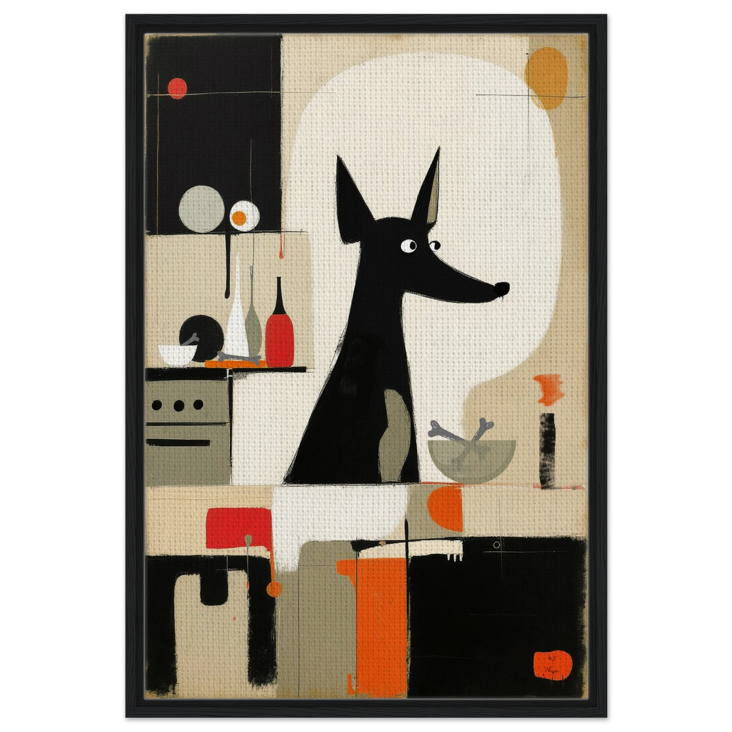 Modern Quirky Abstract Dog Art Print Black Wood Frame 60x90 cm 24x36″ Framed Canvas