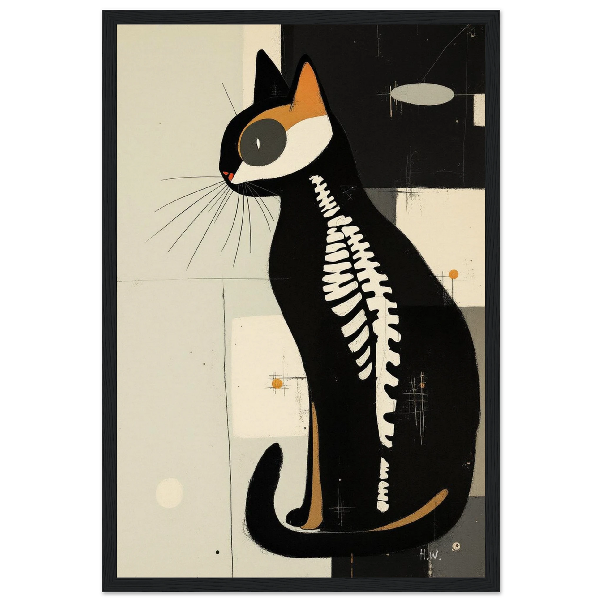 Modern Cat Skeleton Abstract Art Poster Print Black Wood Frame 30x45 cm 12x18″ Museum-Quality Matte Paper Wooden Framed Poster