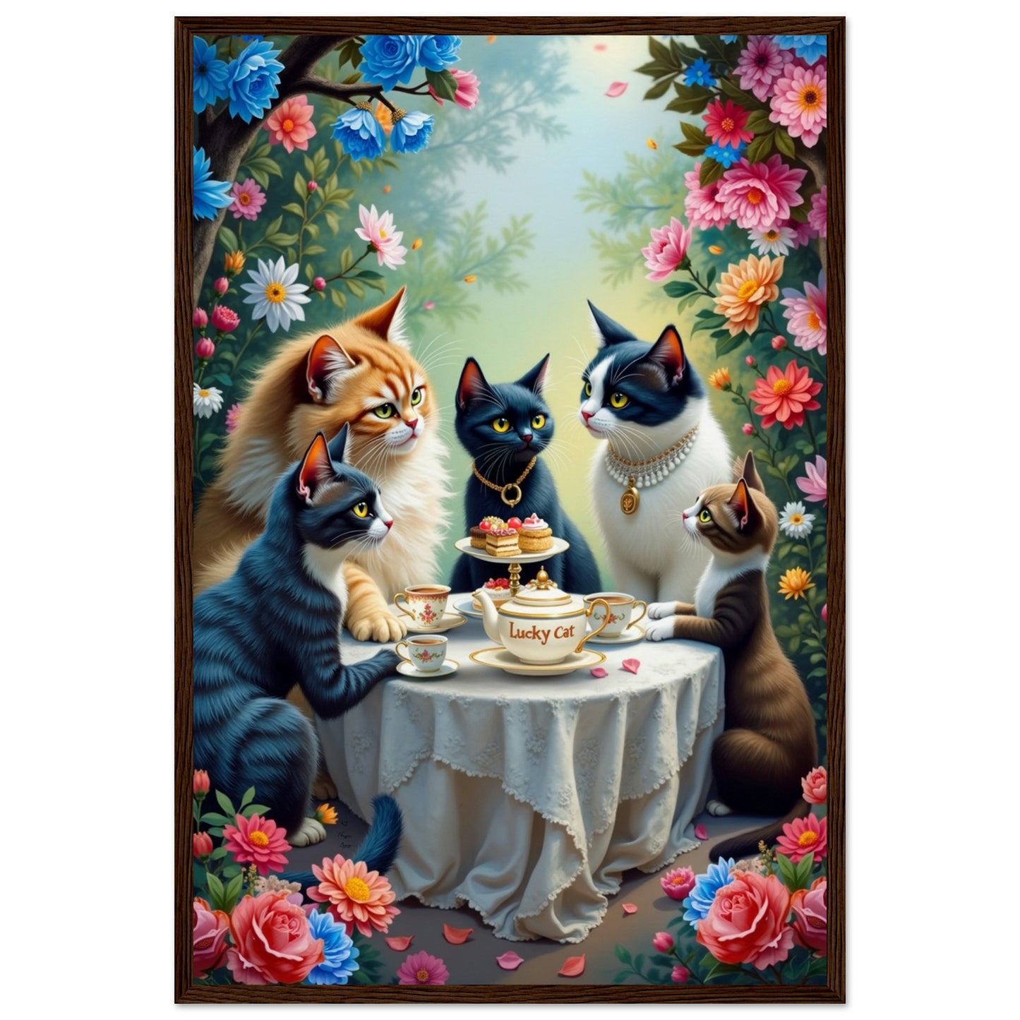 Lucky Cat Garden Tea Party Kitchen Art Print Dark Brown Wood Frame 40x60 cm 16x24″ Museum-Quality Matte Paper Wooden Framed Poster