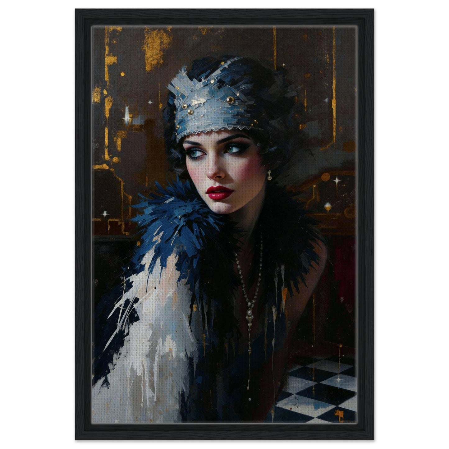 1920s Gatsby Flapper Painting Art Print - Speakeasy Prohibition Wall Decor 16x24″ Framed Canvas - Black Wood