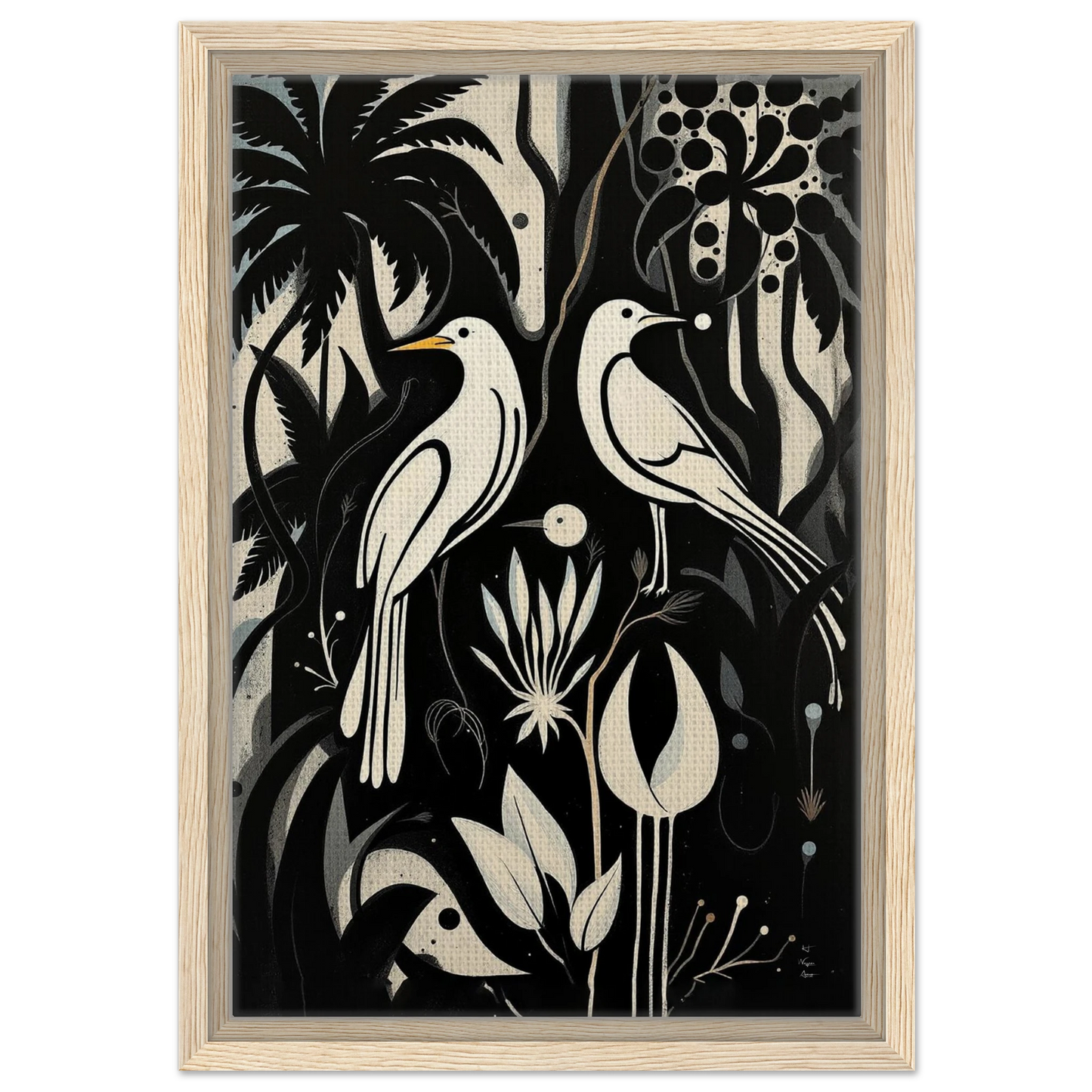 Black & White Minimalist Bird Art Print Light Wood Frame 30x45 cm 12x18″ Framed Canvas
