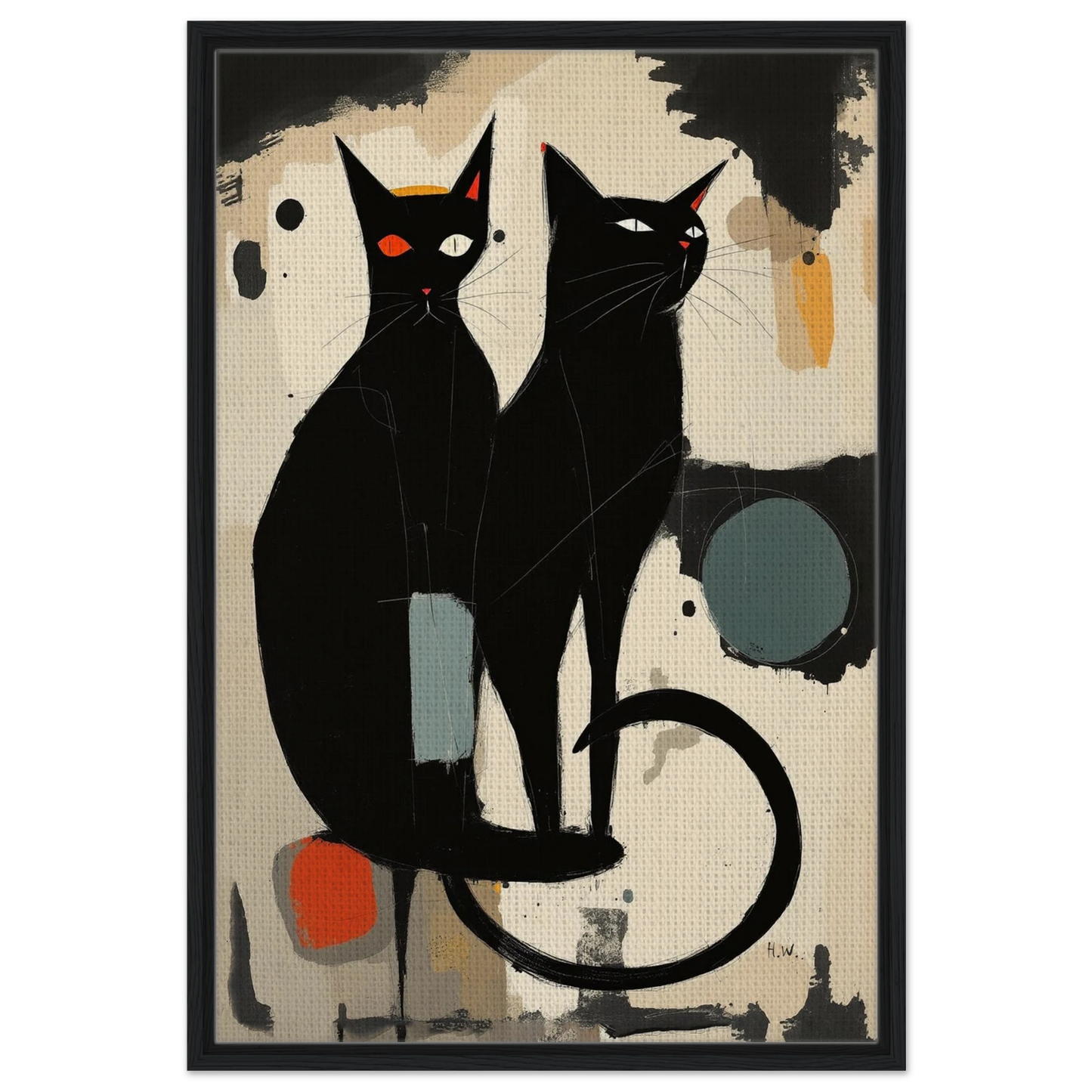 Abstract Crazy Cat Duo Art Print Black Wood Frame 60x90 cm 24x36″ Framed Canvas