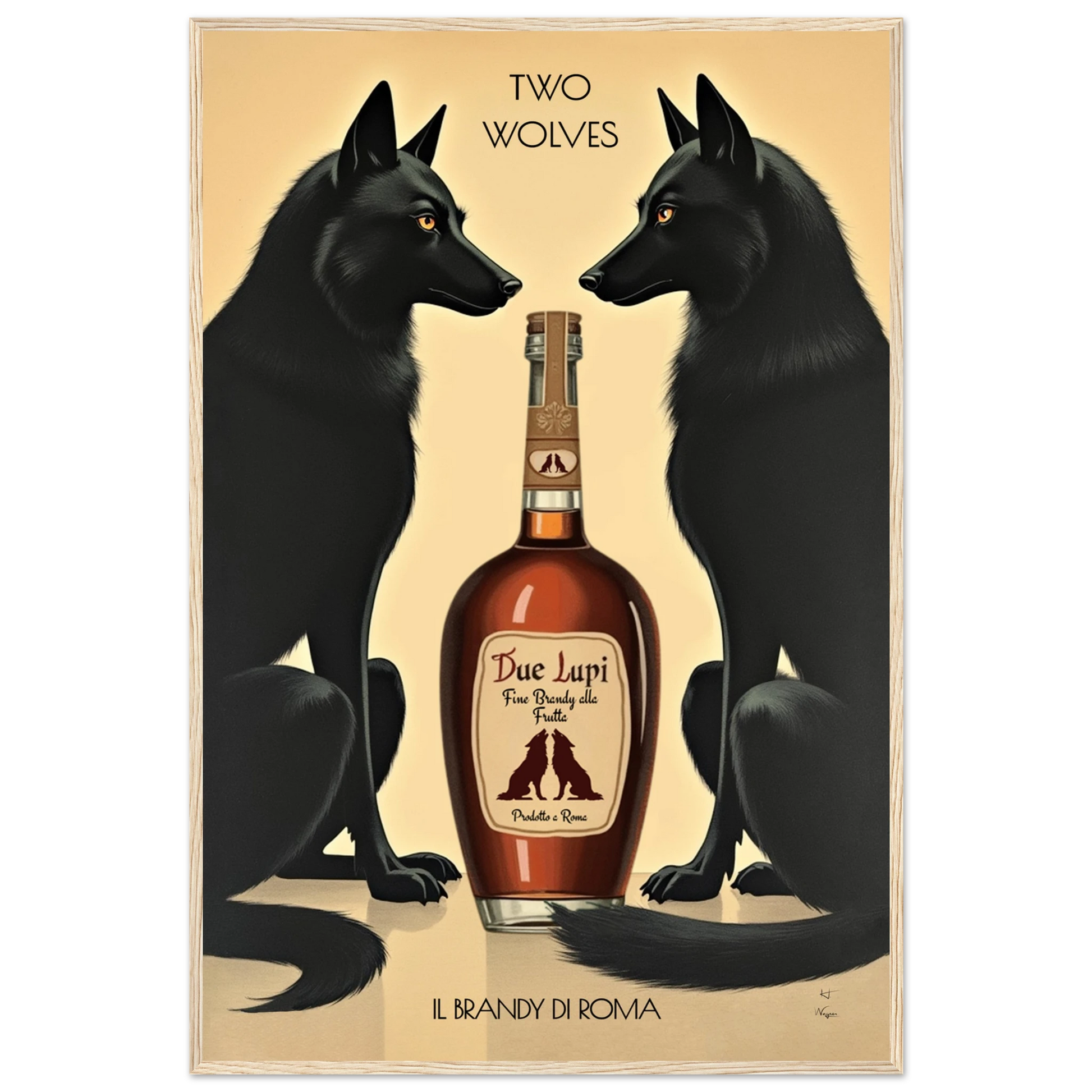 Two Wolves Italian Cocktail Bar Art Print 60x90 cm 24x36″ Classic Matte Paper Wooden Framed Poster Light Wood Frame