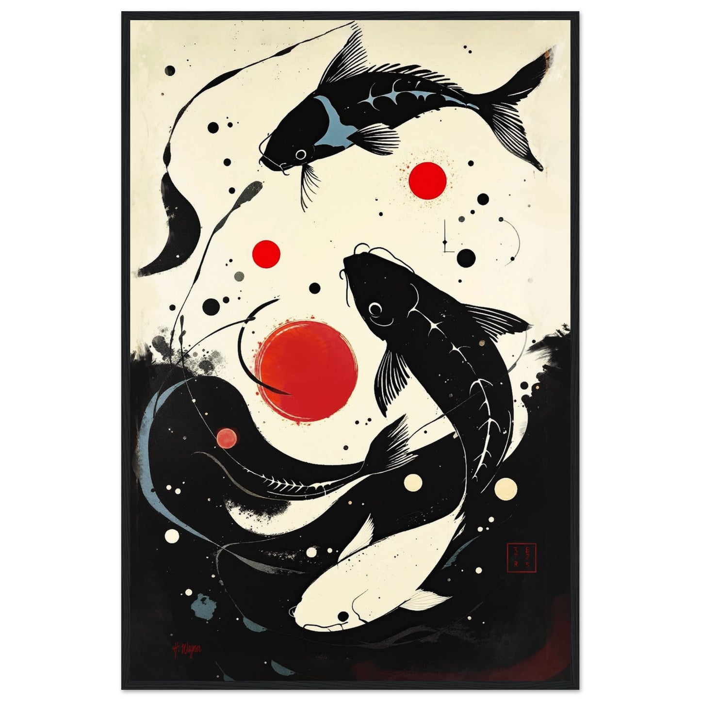 Mid-Century Modern Koi Fish Art Poster Print – Framed Abstract Black White Wall Décor 60x90 cm 24x36″ Classic Matte Framed Poster Black Wood Frame