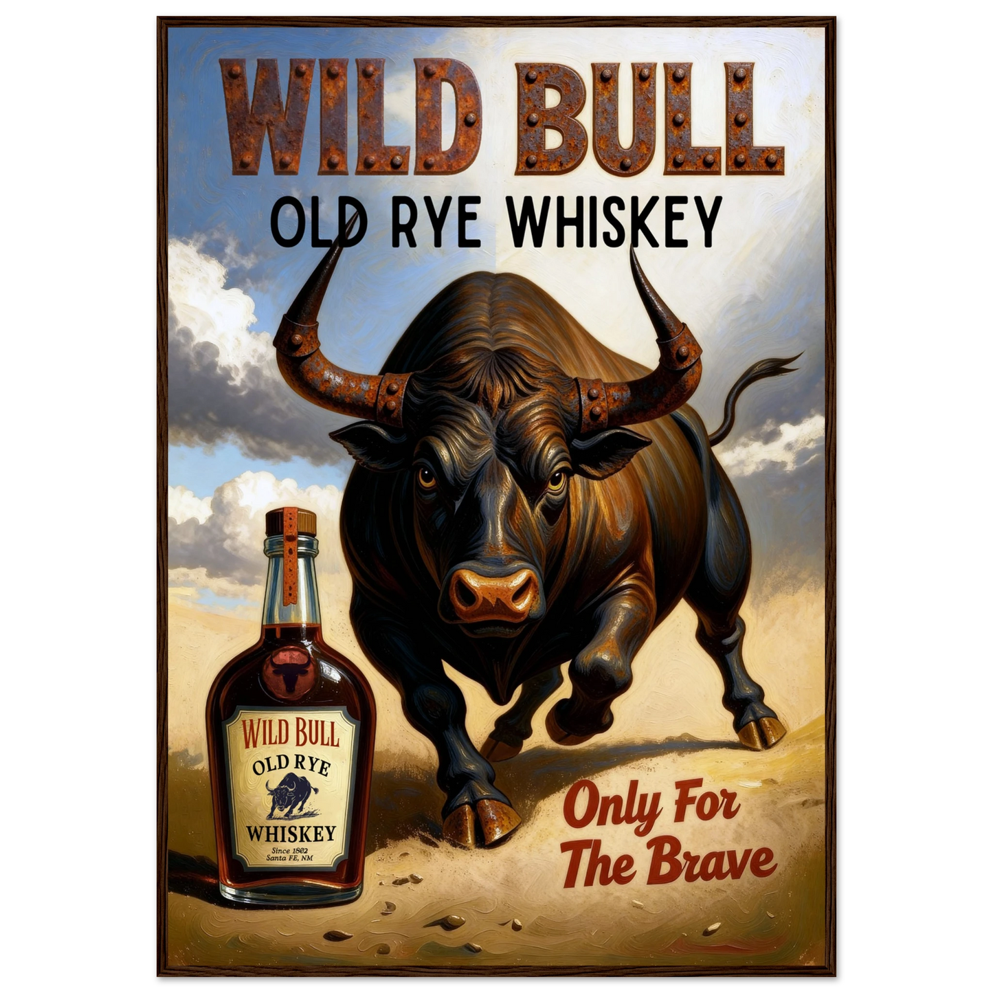 Wild Bull Old West Rye Whiskey Poster Print 70x100 cm 28x40″ Classic Matte Framed Poster Dark Brown Wood Frame