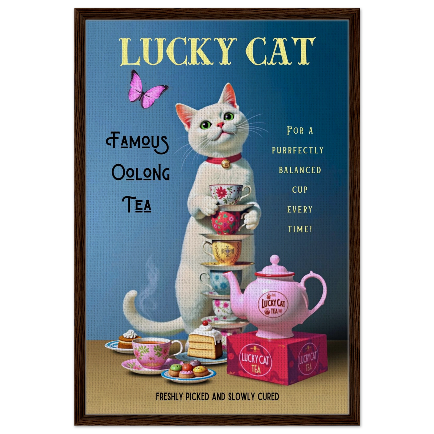 White Lucky Cat Tea Vintage Fine Art Print Dark Brown Wood Frame 60x90 cm 24x36″ Framed Canvas