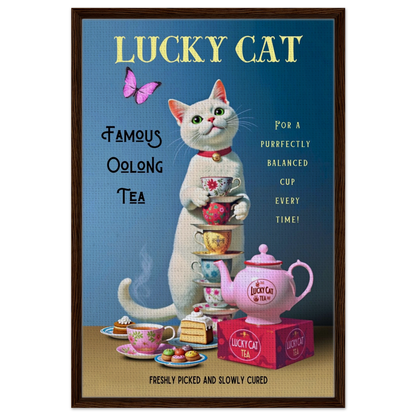 White Lucky Cat Tea Vintage Fine Art Print Dark Brown Wood Frame 60x90 cm 24x36″ Framed Canvas