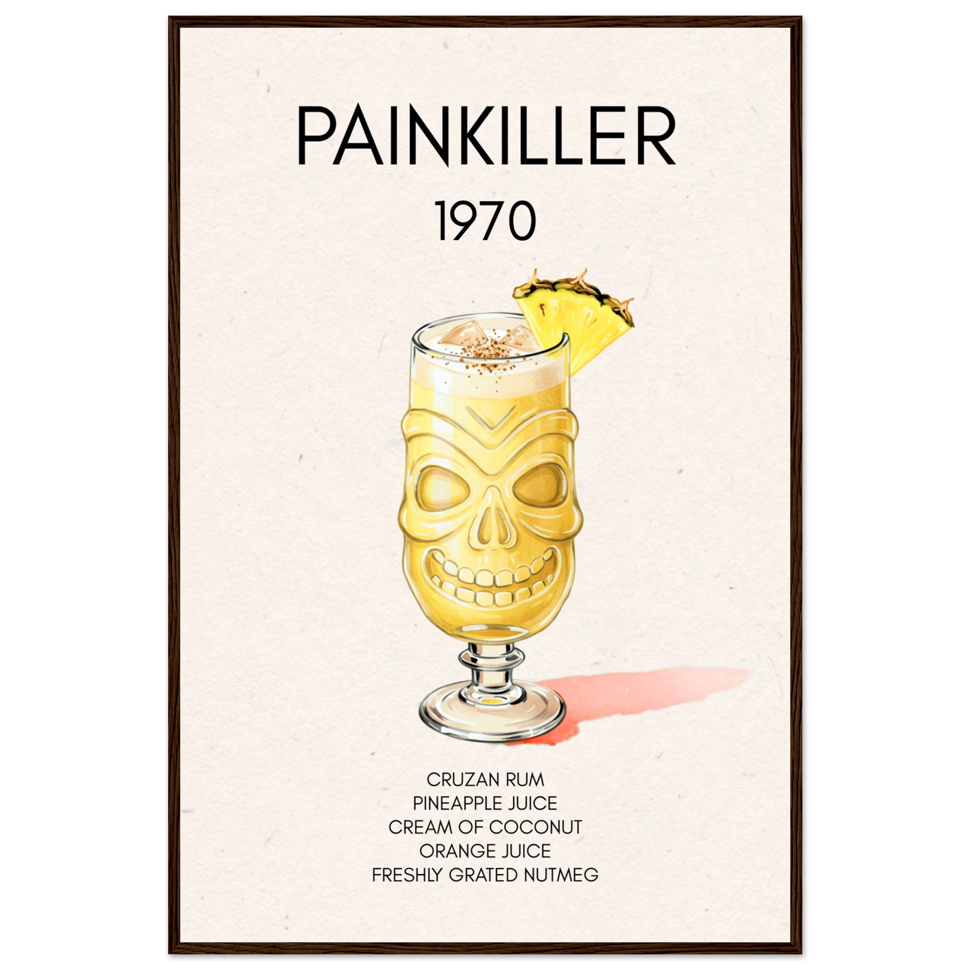 Painkiller Cocktail Bar Art Tiki Print Dark Brown Wood Frame 60x90 cm 24x36″ Classic Matte Paper Wooden Framed Poster