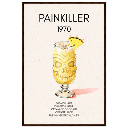 Painkiller Cocktail Bar Art Tiki Print Dark Brown Wood Frame 60x90 cm 24x36″ Classic Matte Paper Wooden Framed Poster