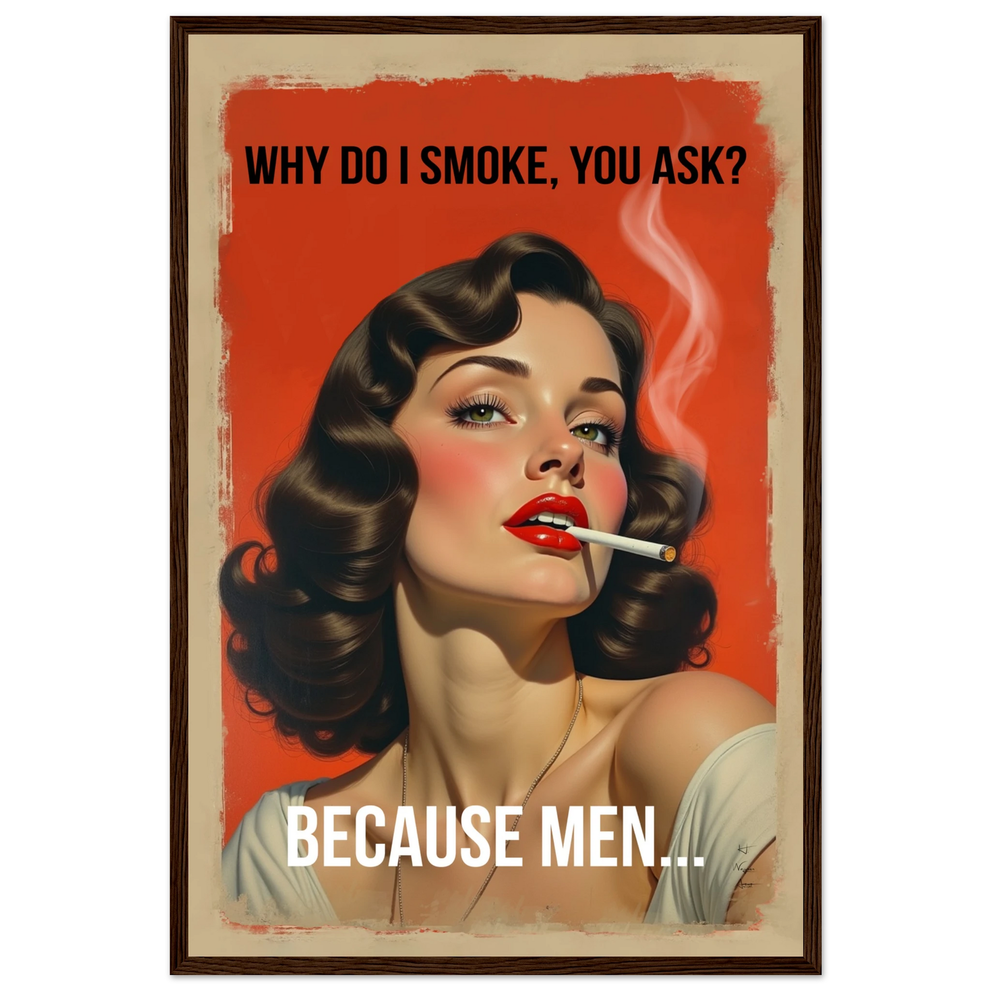 Retro Smoking Pin-Up Girl Art Print Dark Brown Wood Frame 40x60 cm 16x24″ Premium Matte Paper Wooden Framed Poster