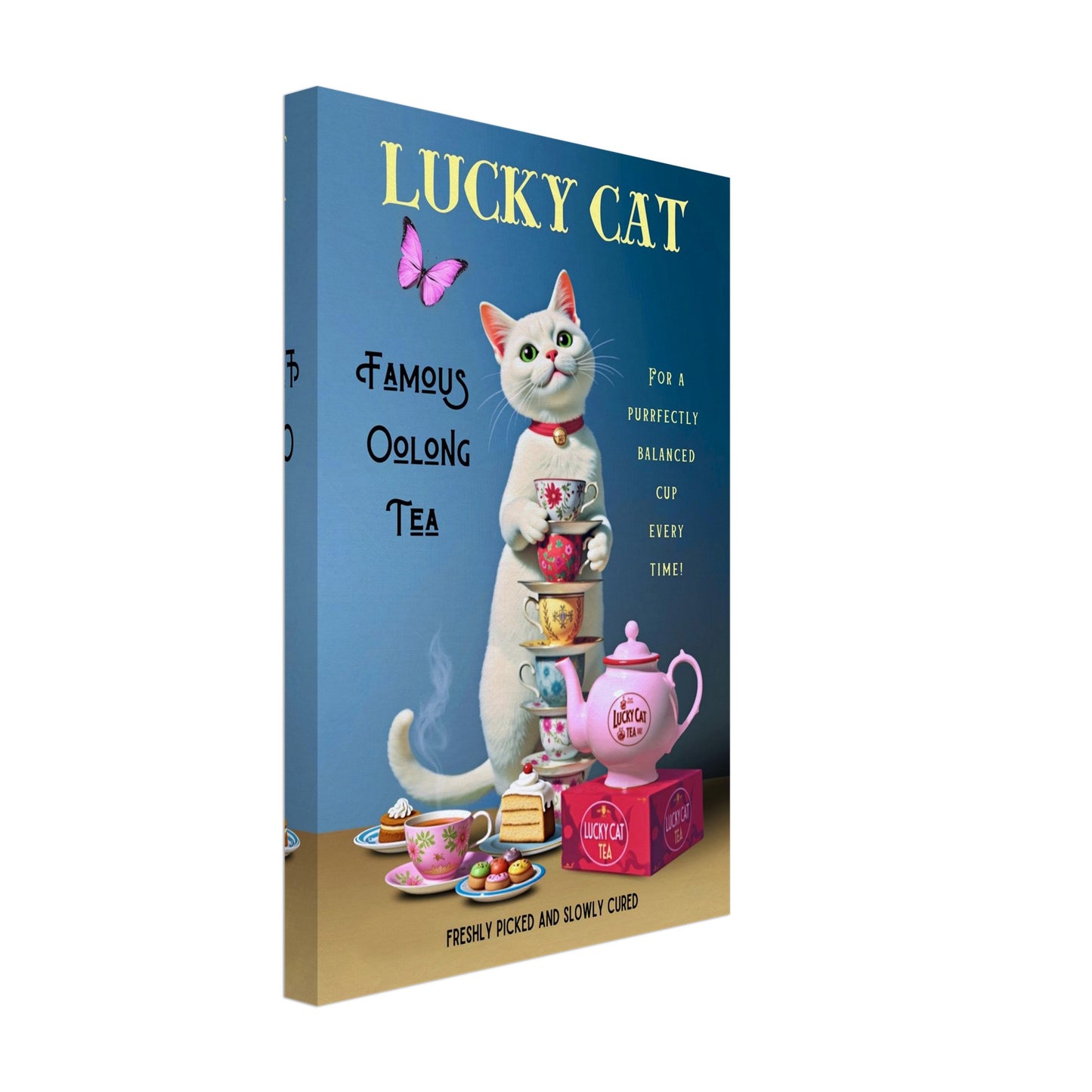 White Lucky Cat Tea Vintage Fine Art Print No Frame 30x45 cm 12x18″ Gallery Wrapped Canvas