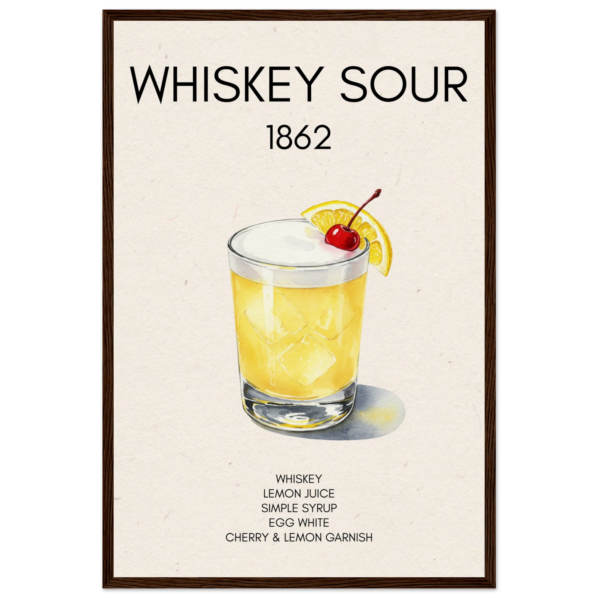 Whiskey Sour Cocktail Bar Art Print Dark Brown Wood Frame 40x60 cm 16x24″ Museum-Quality Matte Paper Wooden Framed Poster