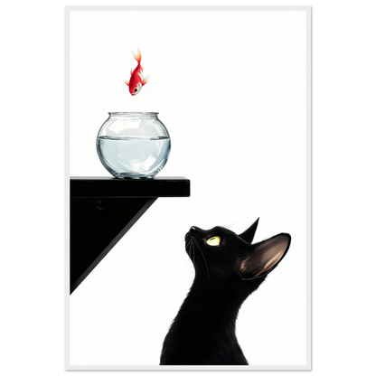 Curious Black Cat Goldfish Minimalist Art Print 60x90 cm 24x36″ Premium Matte Framed Poster - Black Wood