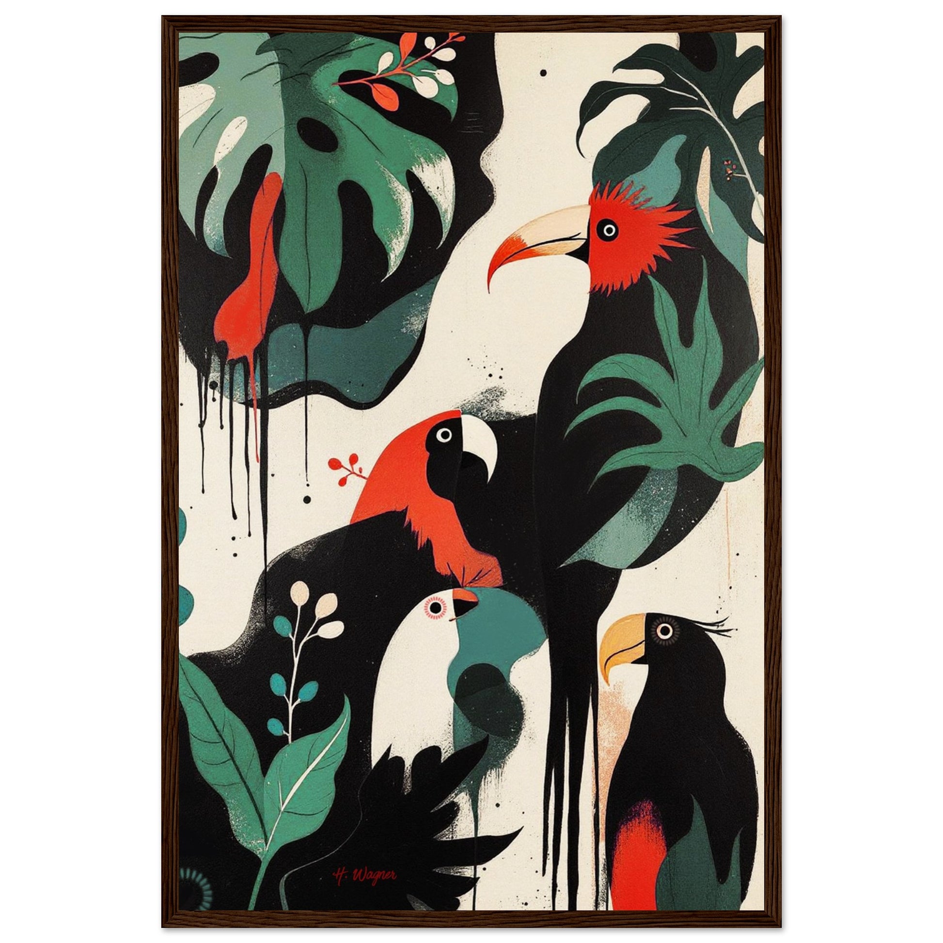 Mid-Century Modern Exotic Bird Art Poster Print - Framed Tropical Parrot Wall Décor Dark Brown Wood Frame 40x60 cm 16x24″ Museum-Quality Matte Wooden Framed Poster