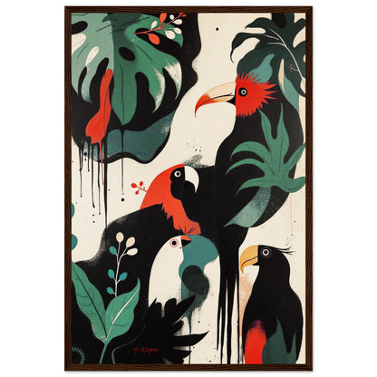 Mid-Century Modern Exotic Bird Art Poster Print - Framed Tropical Parrot Wall Décor Dark Brown Wood Frame 40x60 cm 16x24″ Museum-Quality Matte Wooden Framed Poster