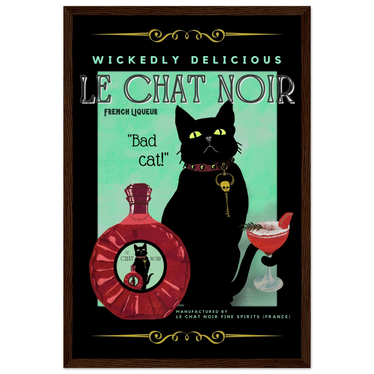 Black Cat Cocktail French Art Deco Print 30x45 cm 12x18″ Classic Matte Paper Wooden Framed Poster Dark Brown Wood Frame