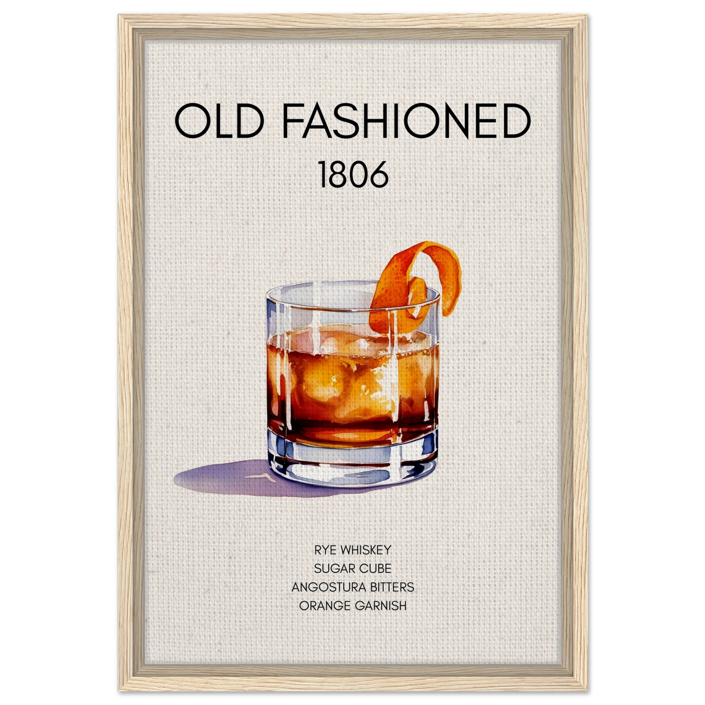 Classic Old Fashioned Cocktail Bar Poster Print Light Wood Frame 40x60 cm 16x24″ Framed Canvas