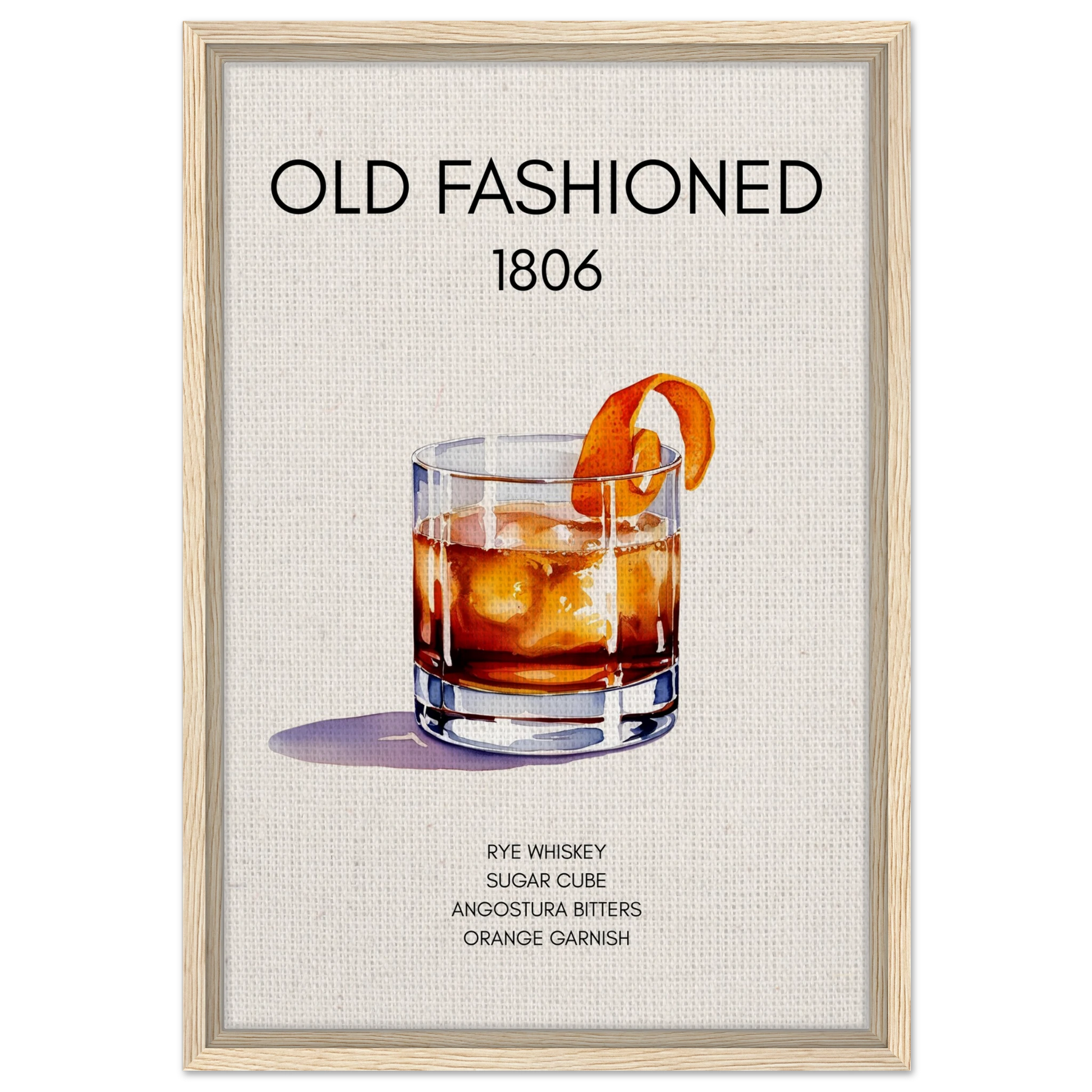 Classic Old Fashioned Cocktail Bar Art Print Light Wood Frame 40x60 cm 16x24″ Framed Canvas