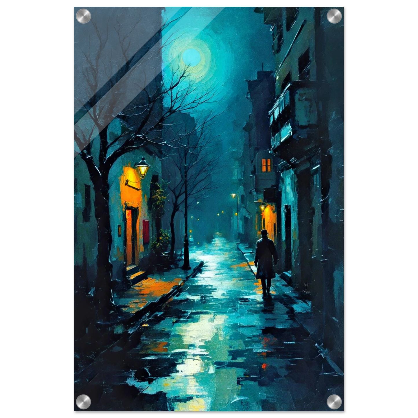 Blue Moon Night Street Scene Art Print 40x60 cm 16x24″ Framed Canvas Black Wood Frame
