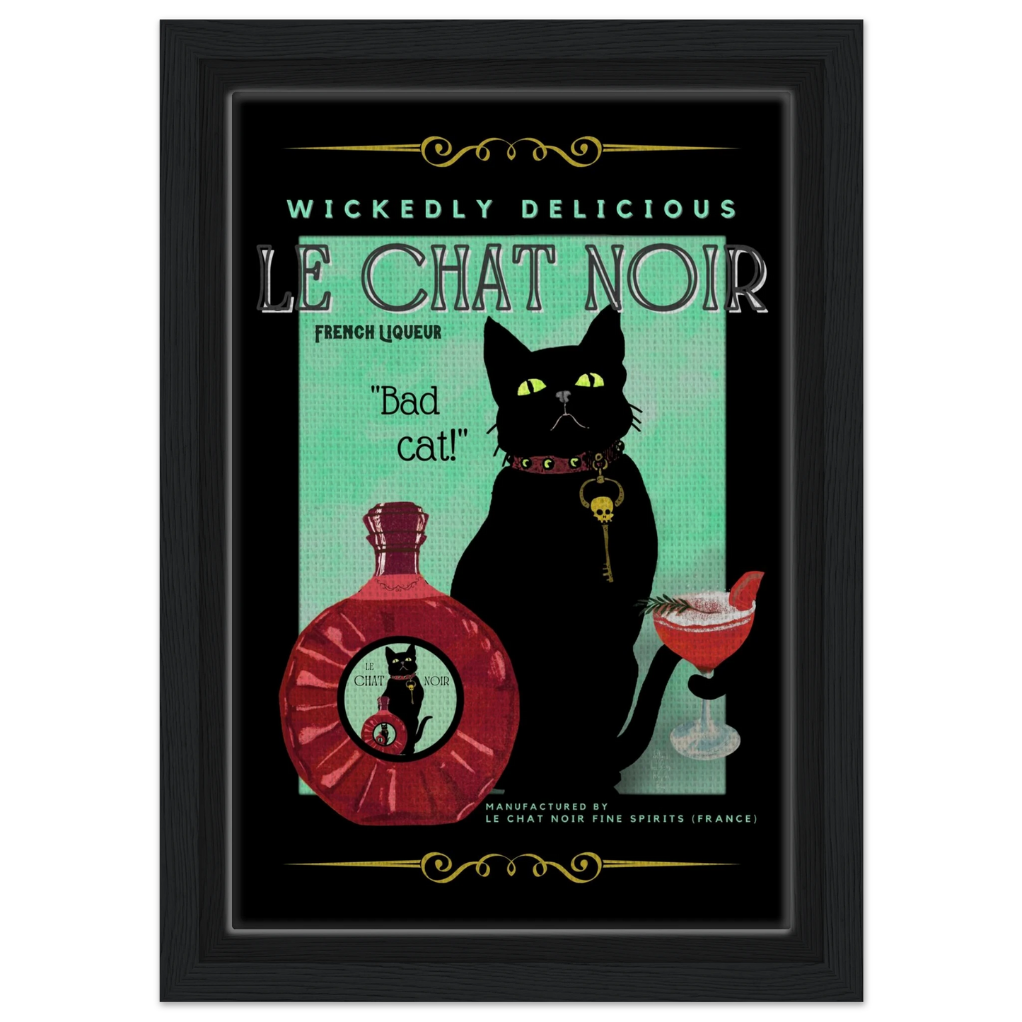 Black Cat Cocktail French Art Deco Print 20x30 cm 8x12″ Framed Canvas Black Wood frame