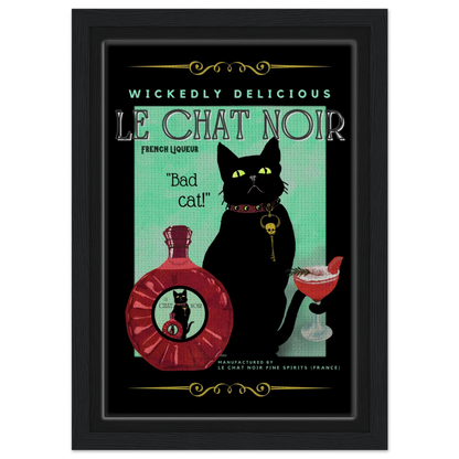 Black Cat Cocktail French Art Deco Print 20x30 cm 8x12″ Framed Canvas Black Wood frame